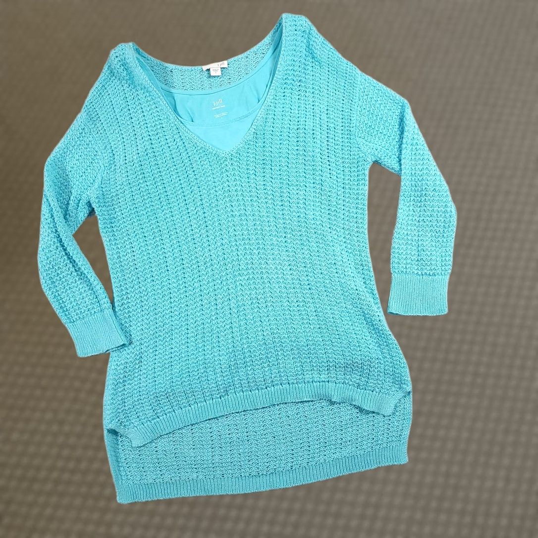 J. Jill J. Jill Sweater Womens Small Blue Crochet Knit Pullover Tank Layered Tunic Top V-Neck 3/4 Sleeve Lightweight All Seasons Size S / US 4 / IT 40 - 1 Thumbnail
