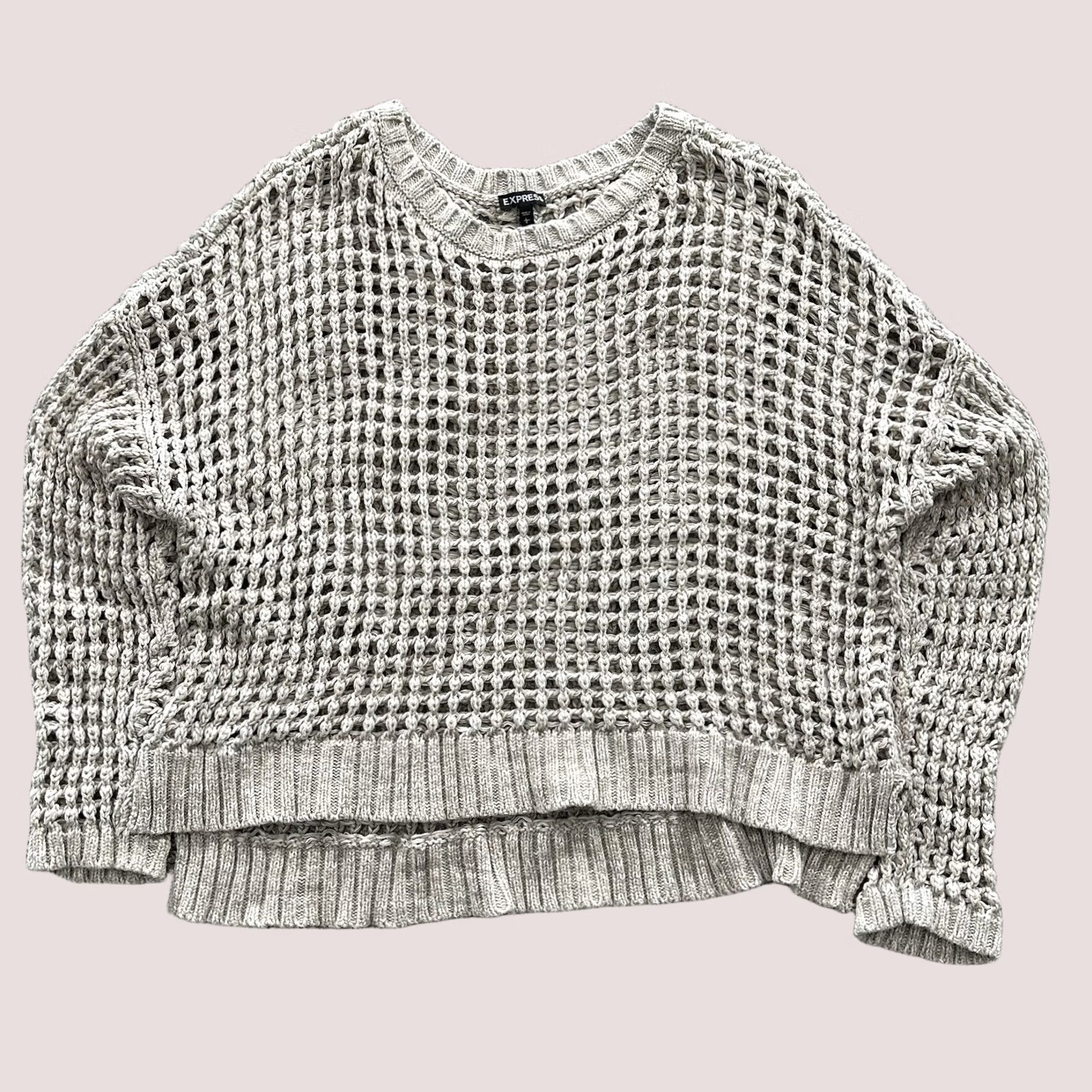 Express Express Sweater L Womens Crew Neck Open Knit Tan Brown Crochet Long Sleeve Pullover Size L / US 10 / IT 46 - 1 Thumbnail