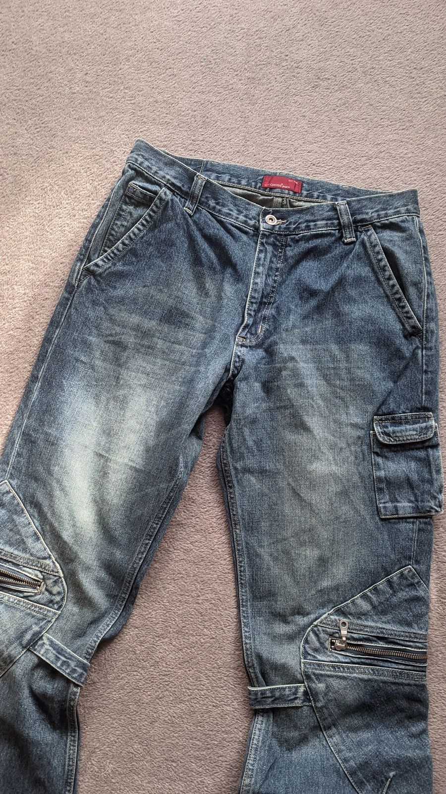 Hysteric Glamour × Japanese Brand Cross Flared Jeans Y2K distressed washed denim cargo pants Size US 33 - 2 Thumbnail