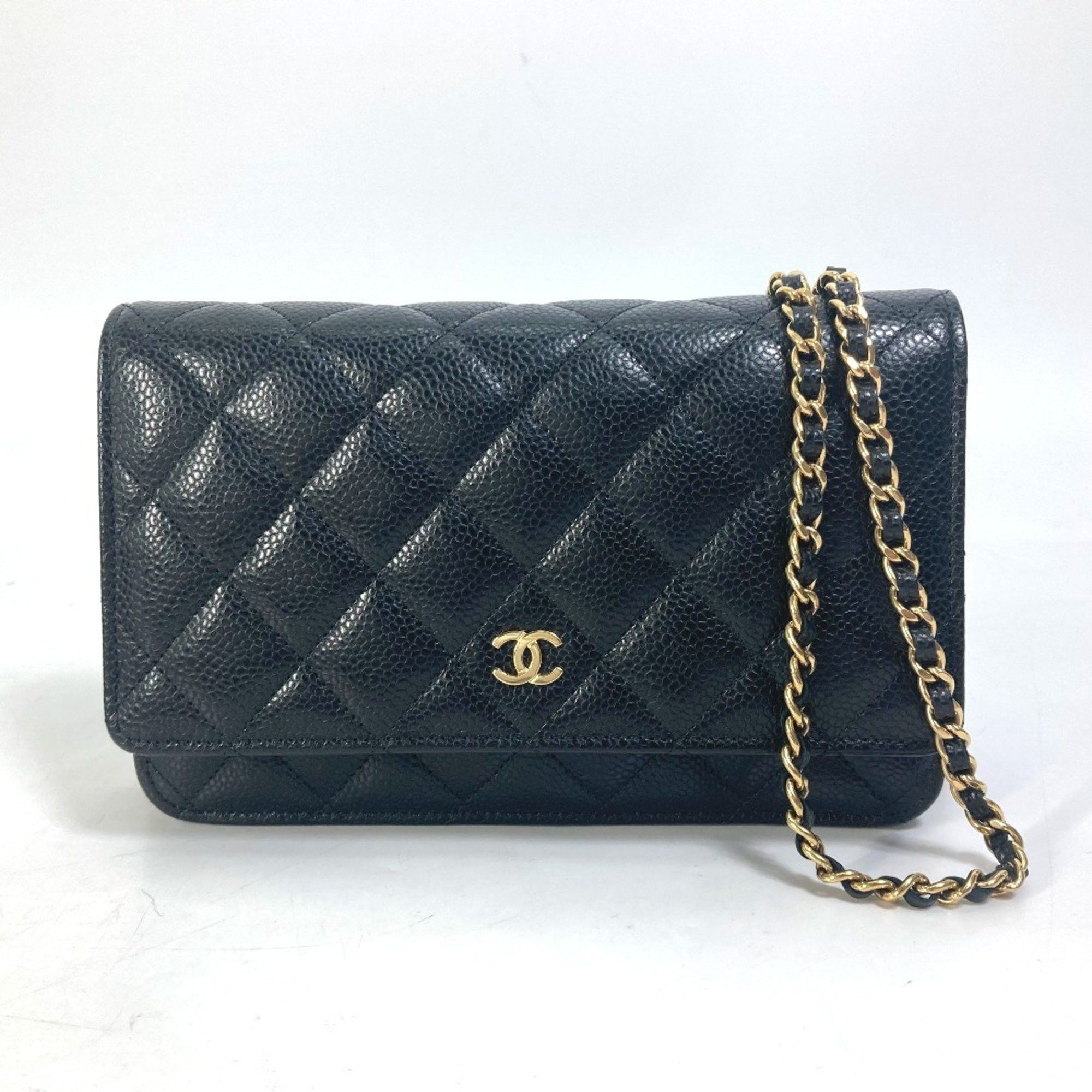 Chanel Ap0250 Long Wallet Cc Coco Mark Classic Chain Crossbody Shoulder Bag Caviar Skin Women's Black
