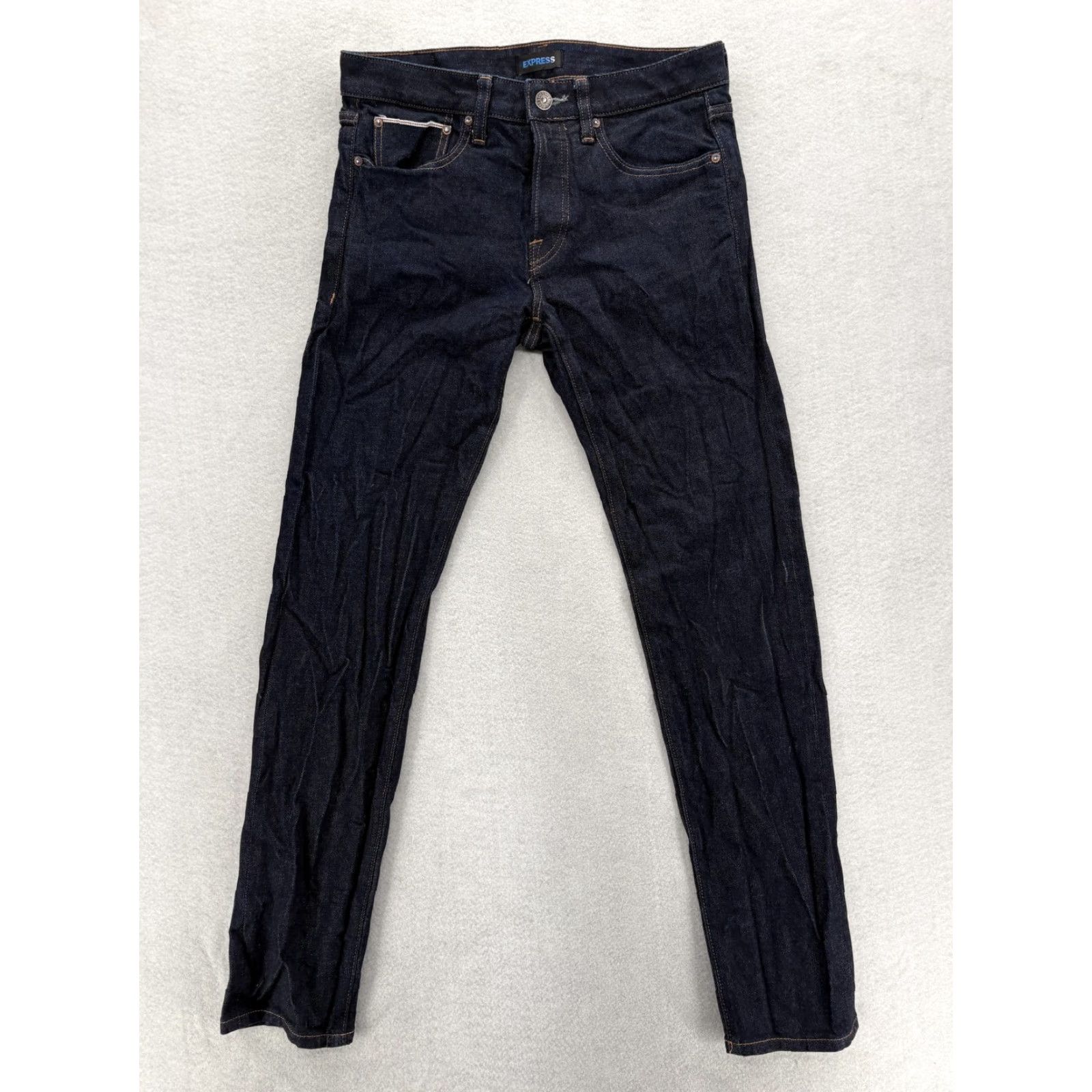 Express Express Jeans Mens 30x32 Dark Wash Blue Slim Fit Selvedge Denim Button Fly Pants Size US 30 / EU 46 - 2 Thumbnail