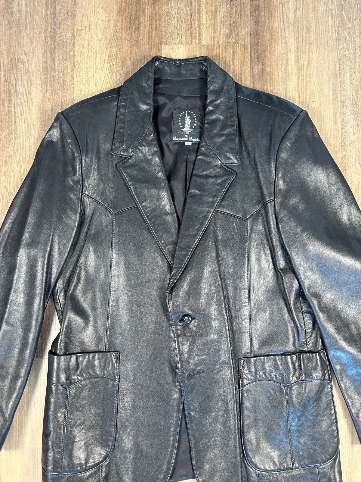 Vintage Vintage Diamonds Black Leather Jacket Blazer Sports Coat 46 Size 46R - 2 Thumbnail