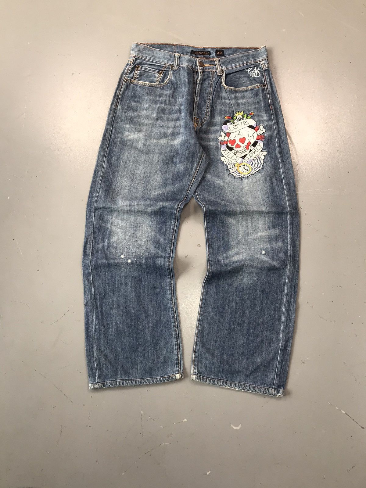 Christian Audigier × Ed Hardy × Vintage Vintage Edhardy skull embroidered denim Size US 33 - 1 Thumbnail