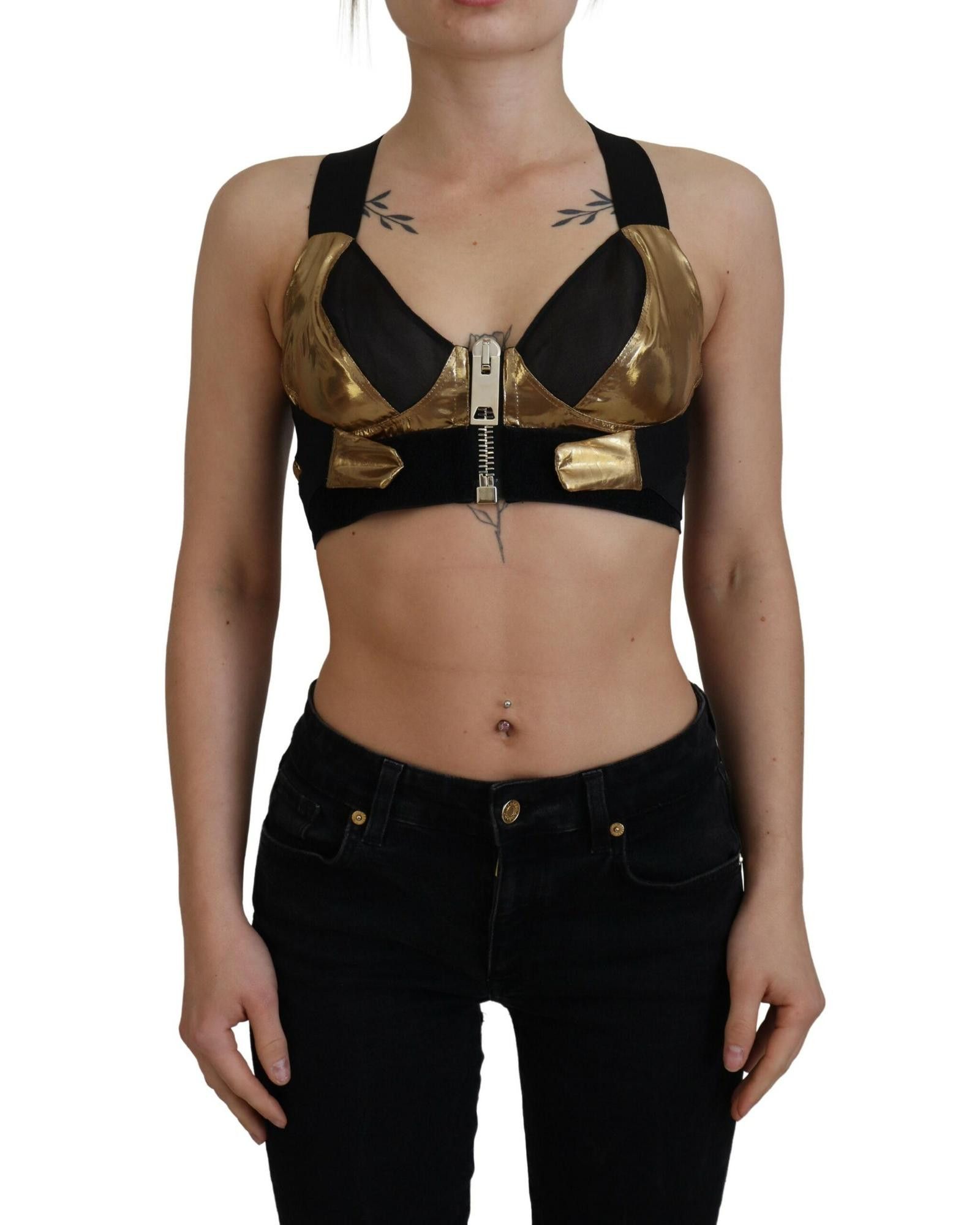 image of Dolce Gabbana Sleeveless Cropped Bustier Top in Gold Black, Women's (Size Small)