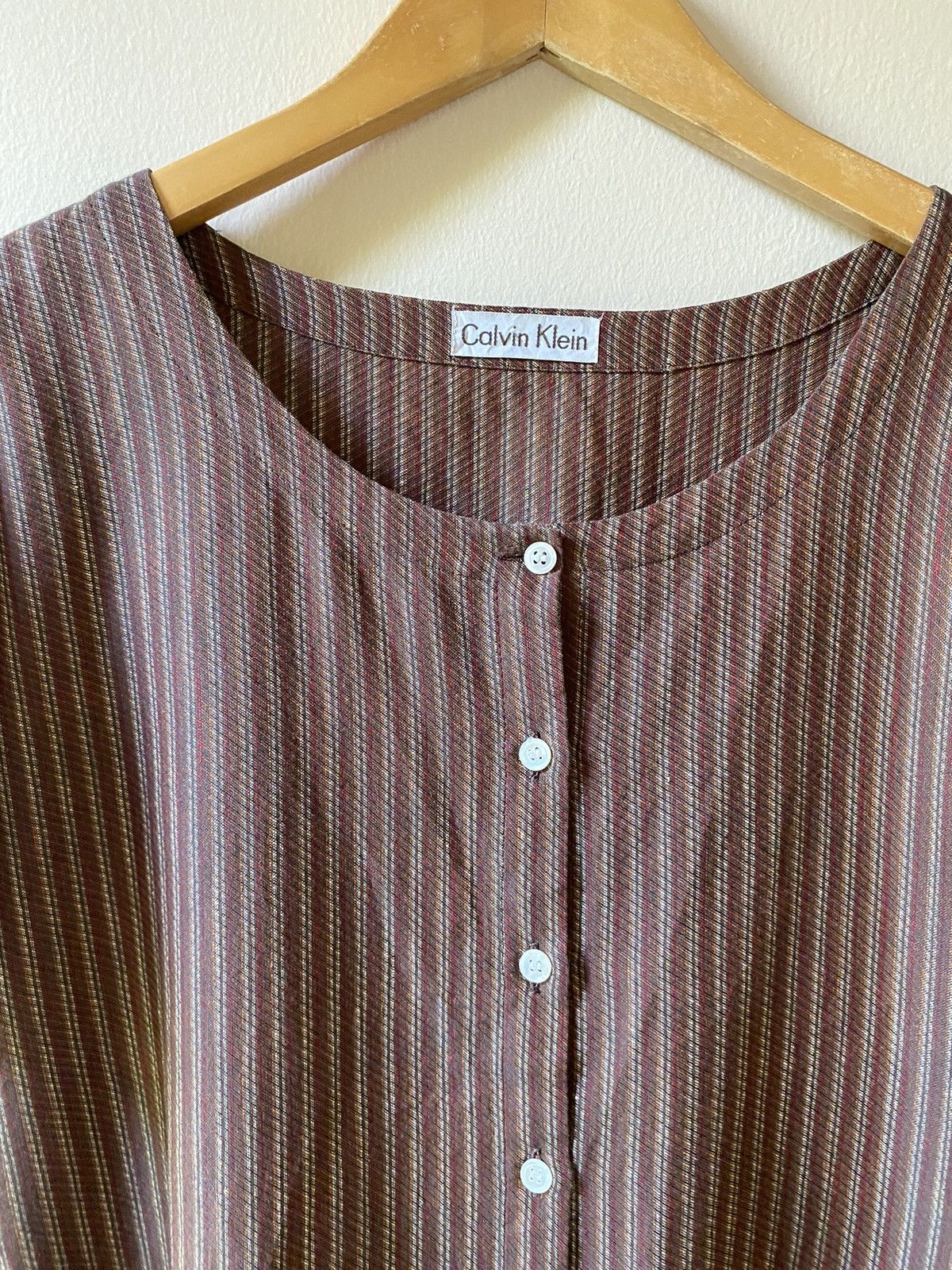 Calvin Klein Calvin Klein Brown Striped Button Top Size L / US 10 / IT 46 - 3 Thumbnail