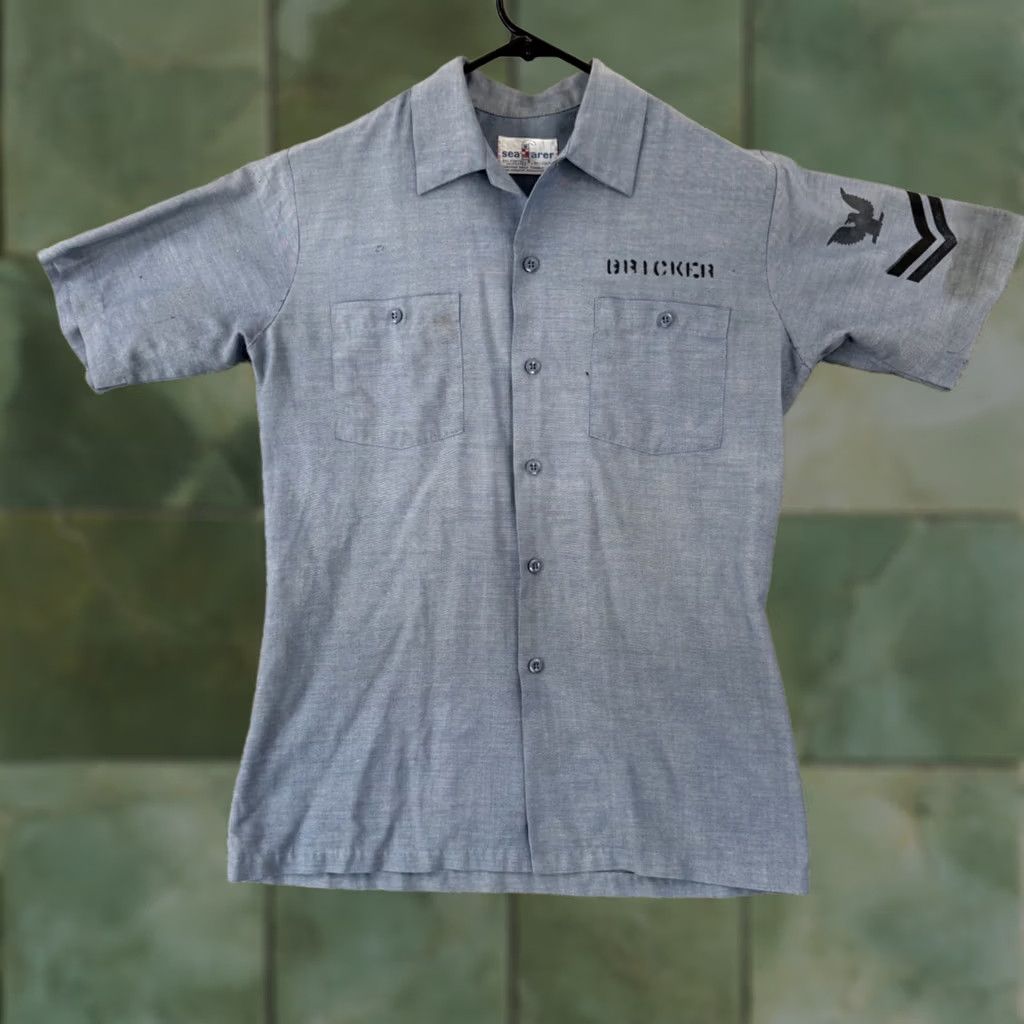 Vintage VINTAGE Seafarer Shirt Mens Small Chambray Button Up 60s USA Navy Seafarer Blue Cotton Blend Short Sleeve Size US S / EU 44-46 / 1 - 1 Thumbnail