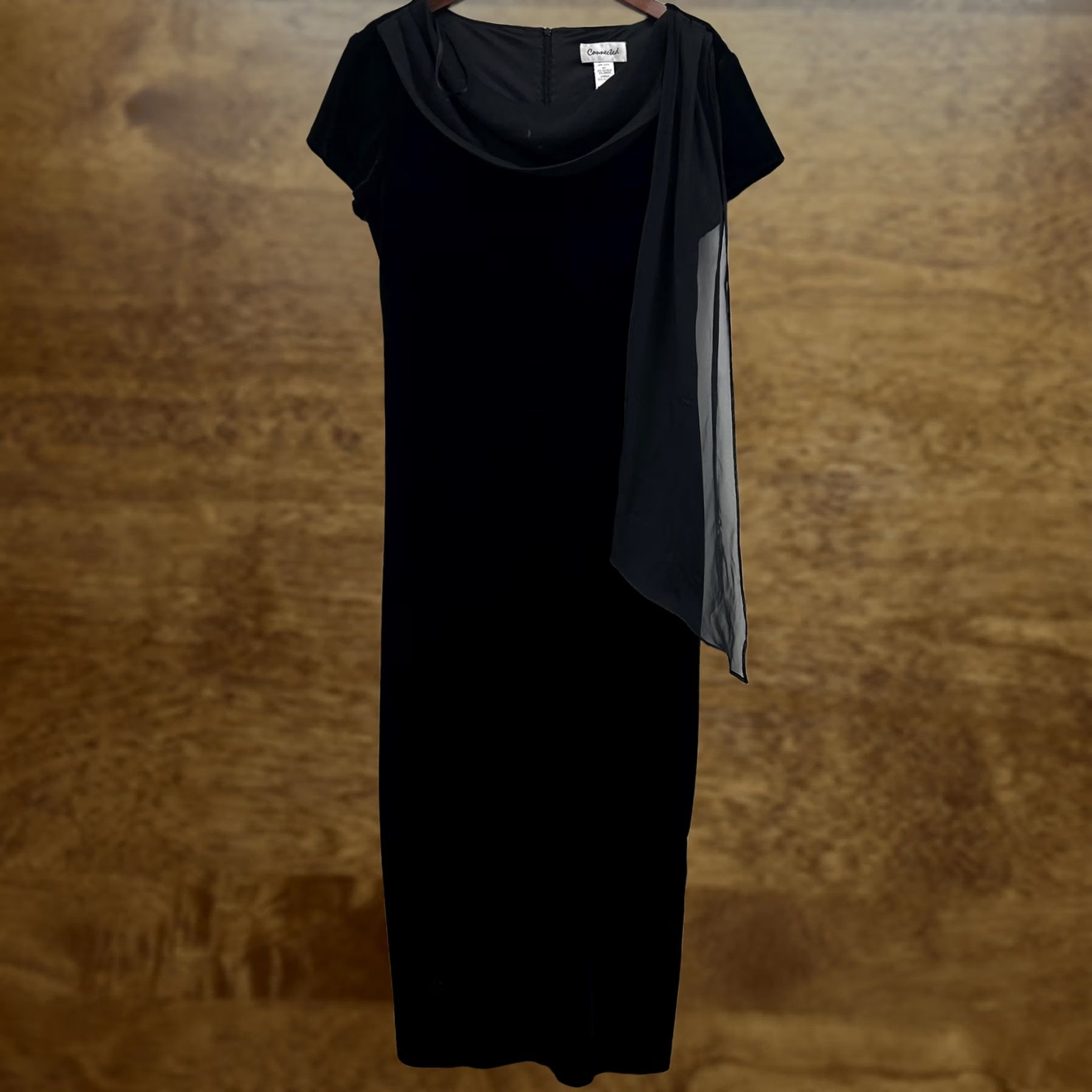 Vintage Connected Black Velvet Sheath Dress Womens 16 Short Sleeve Cowl Neck Midi Party Size 38" / US 16 / IT 52 - 1 Thumbnail