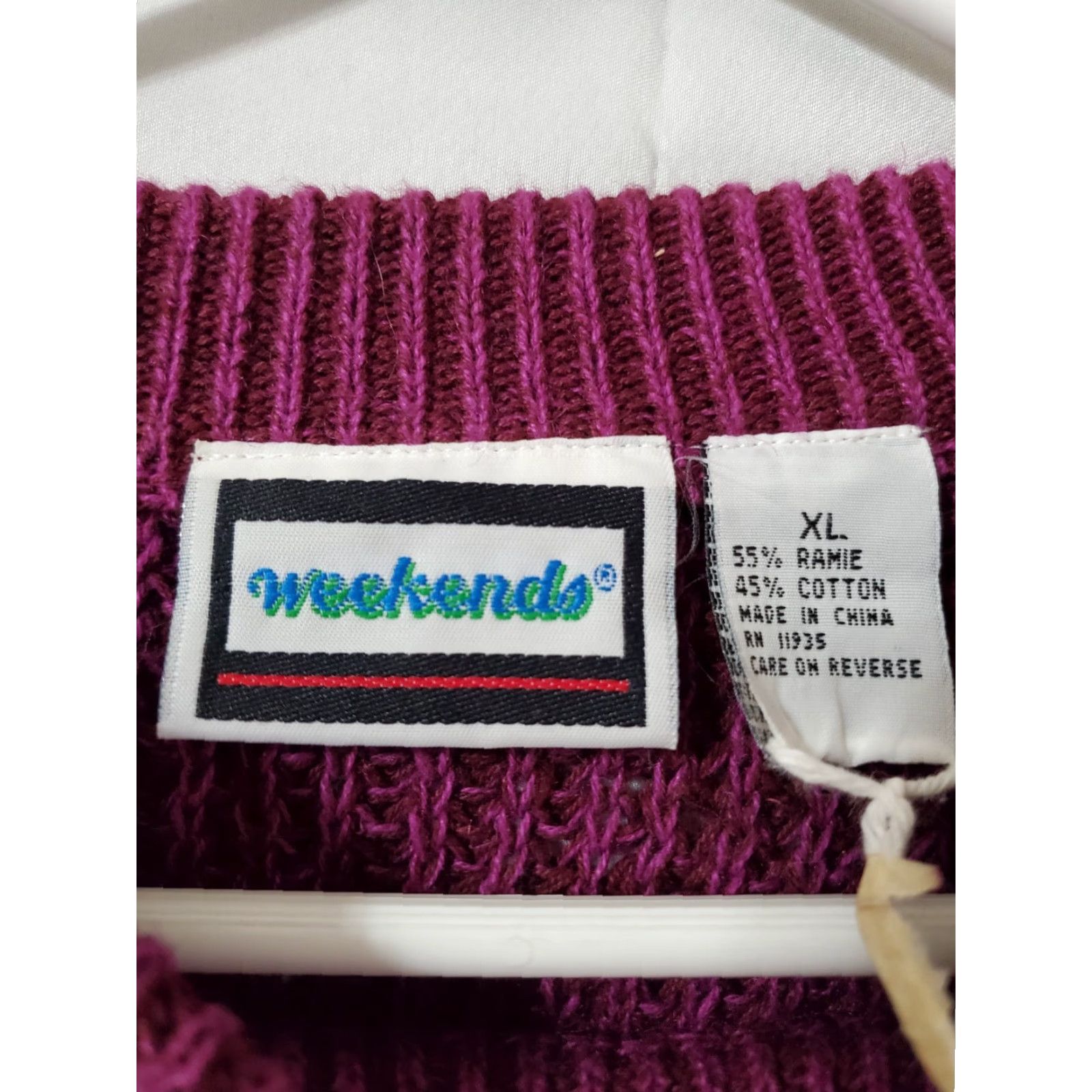 Vintage VINTAGE Weekends Sweater XL Purple Patchwork Crew Neck Knits, Cotton Blend, Ramie, Heavyweight, 80s Pullover, Women Size XL / US 12-14 / IT 48-50 - 3 Thumbnail