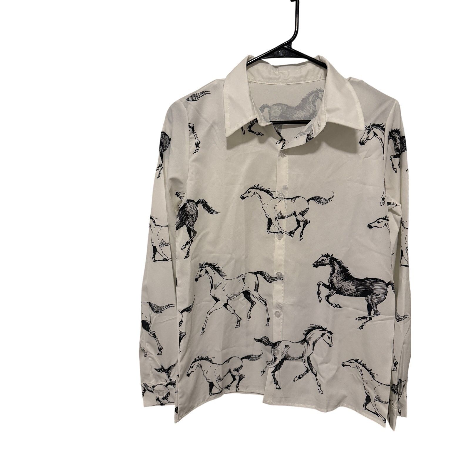 Other White Black Button Down VNeck Horse Print Long Sleeve Blouse Size S / US 4 / IT 40 - 3 Thumbnail