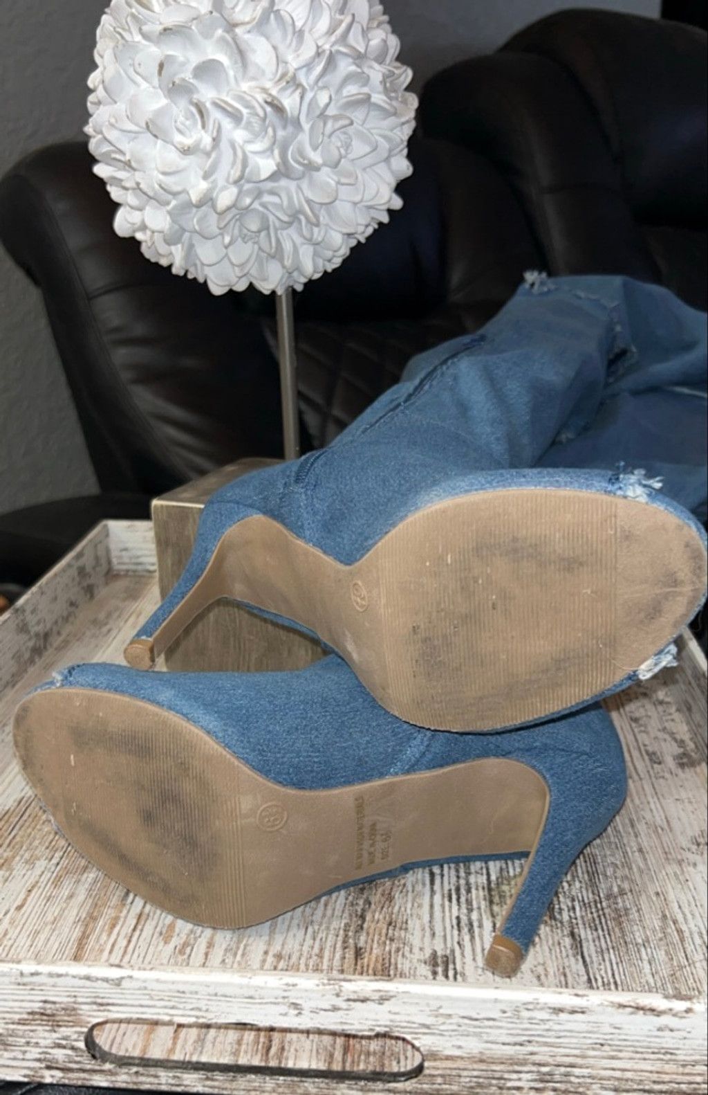 Other Wild Diva Blue Denim Distressed Over the Knee Boots Size 6.5 Size US 6 / IT 36 - 4 Thumbnail