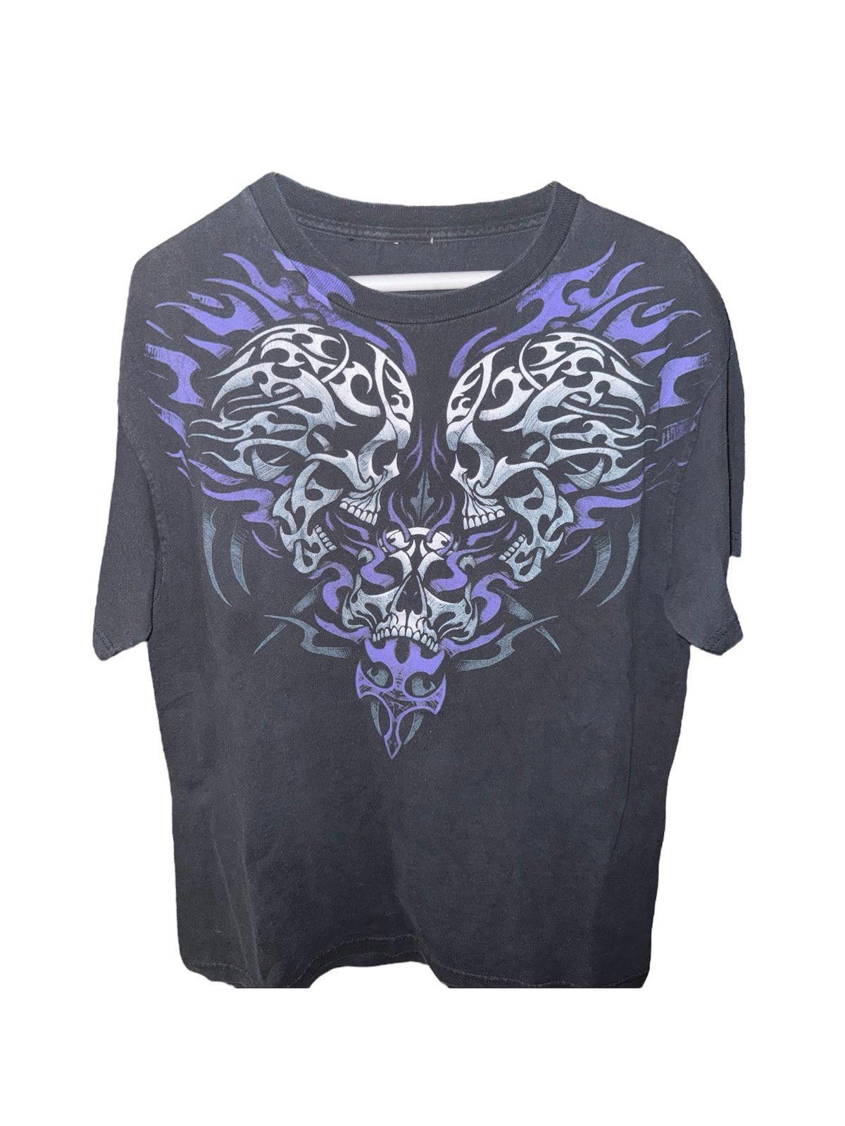 MMA Elite Style Purple Grunge Cross And Skull Tee Y2K Sz L