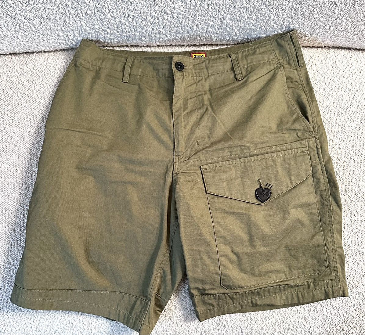 Human Made Human Made Khaki Heart Logo button Military short [S] | Grailed