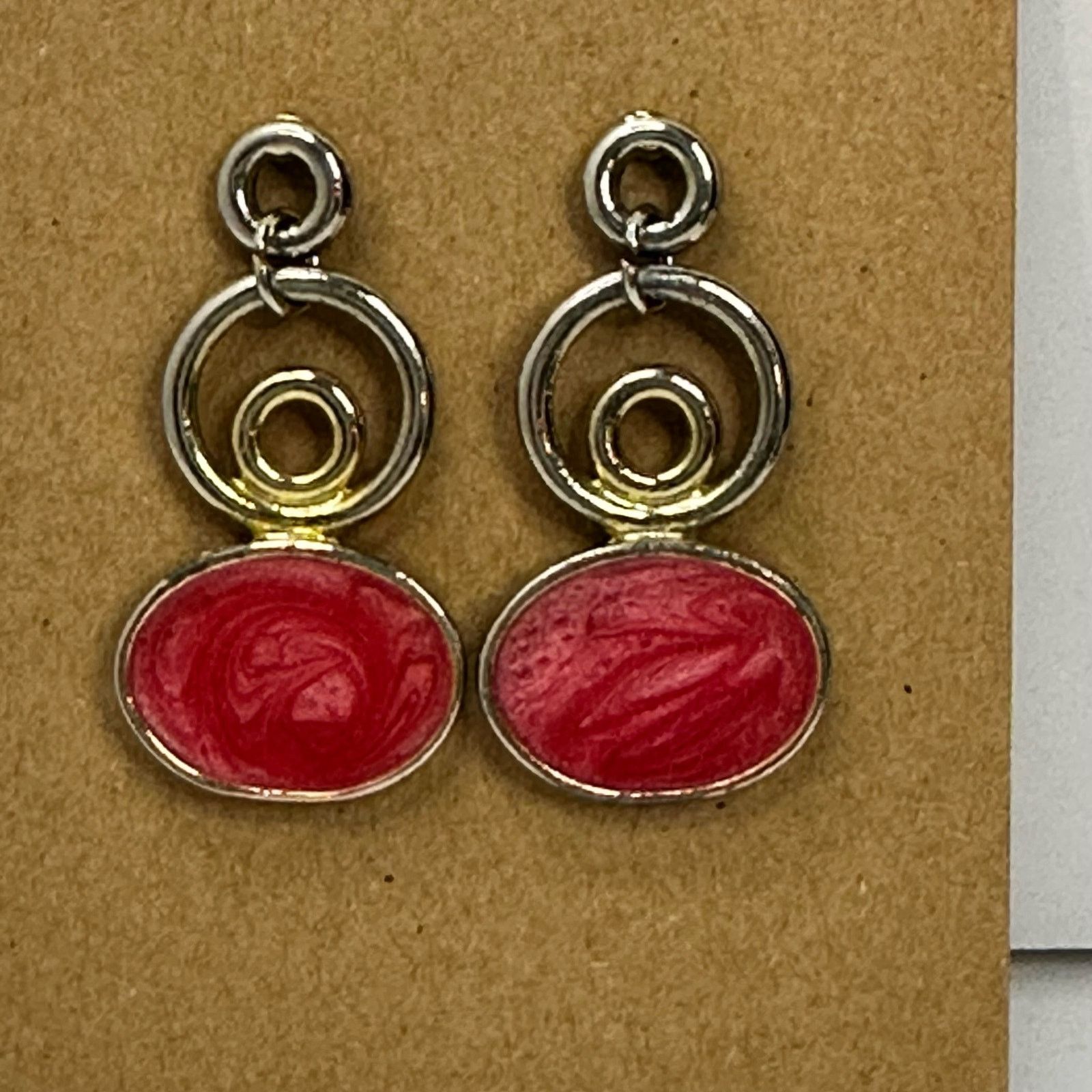 Vintage GoldTone Dangling Earrings Enamel Red Enamel Oval Post Size ONE SIZE - 2 Thumbnail