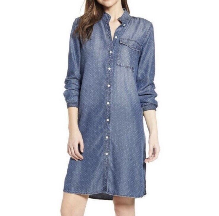 image of Current Elliott Tencel Blue Shirt Dress Shirt Polka Dot, Women's (Size Small)