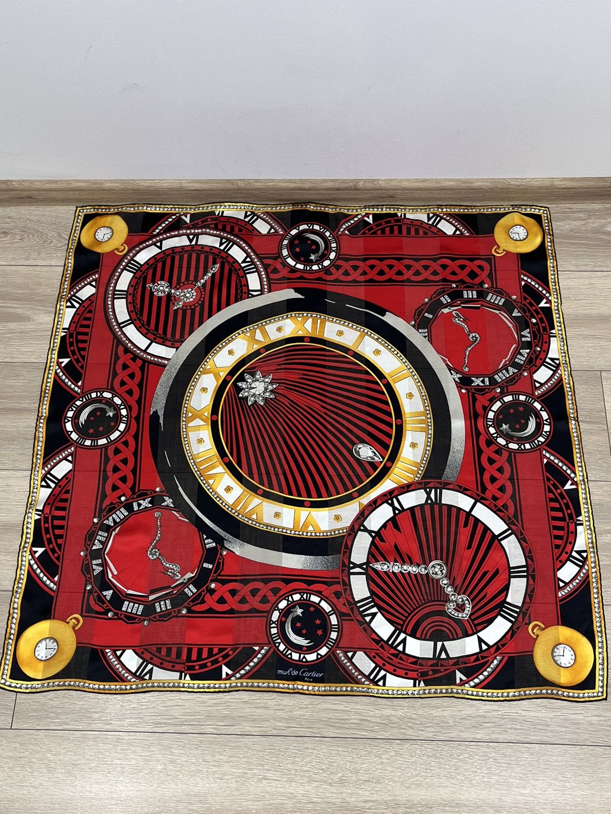 Cartier Cartier Made In France Red Silk Scarf 85x85 Cm Clock Print Size ONE SIZE - 2 Thumbnail