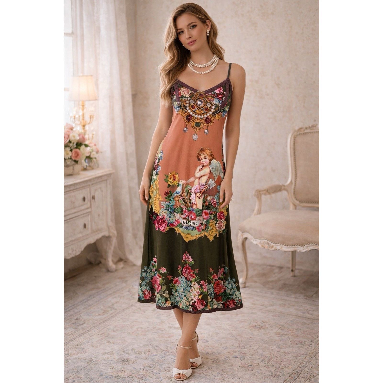 Other Vintage Inspired Cherub Midi Dress Angel Romantic Bohemian Size S / US 4 / IT 40 - 1 Thumbnail