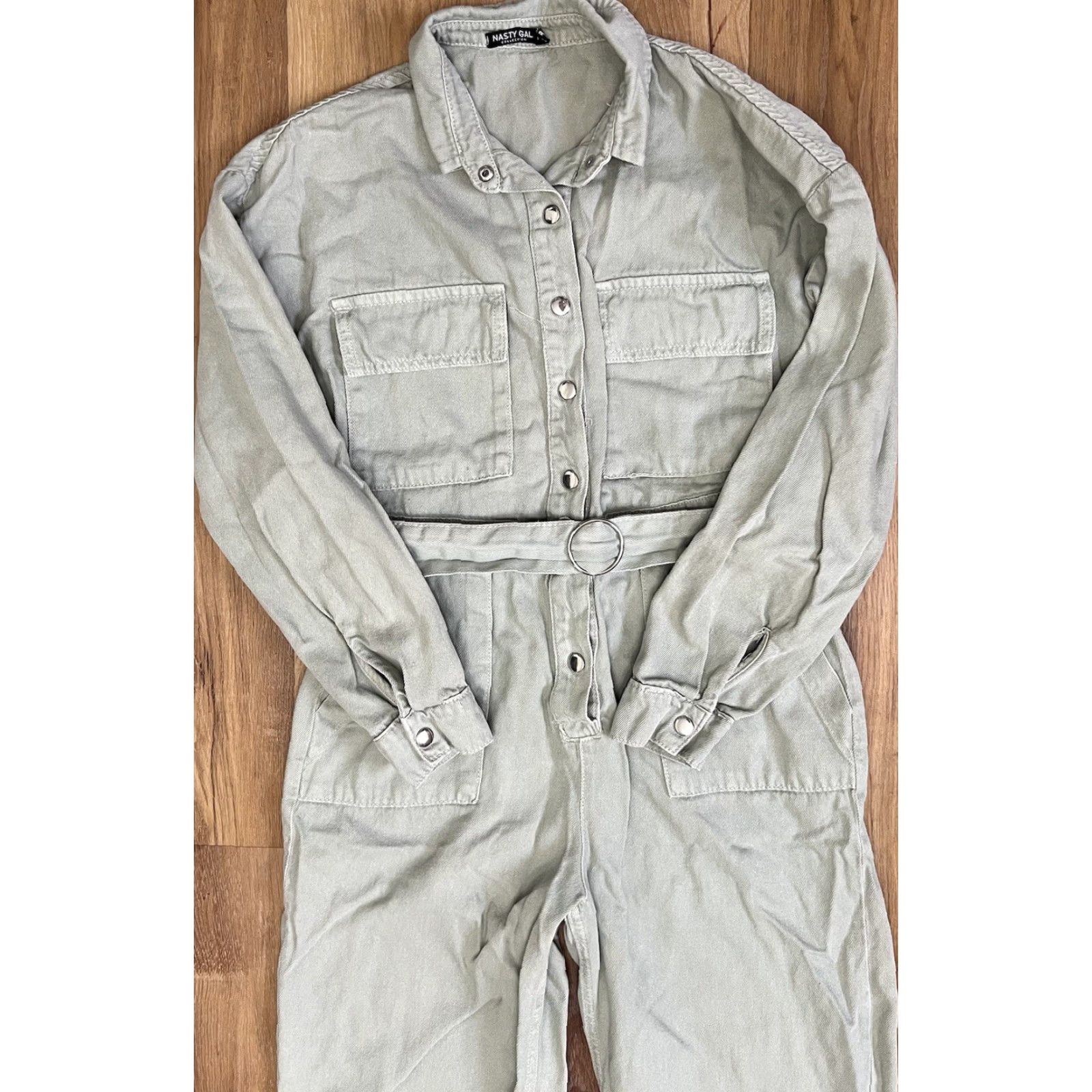 Nasty Gal Nasty Gal Jumpsuit Women 6 Green Denim One-Piece Casual 90s Boho Button Up Belt Plain Solid Crew Neck Collared Long Sleeve Spring Summer Fall Winter Size 28" / US 6 / IT 42 - 6 Thumbnail