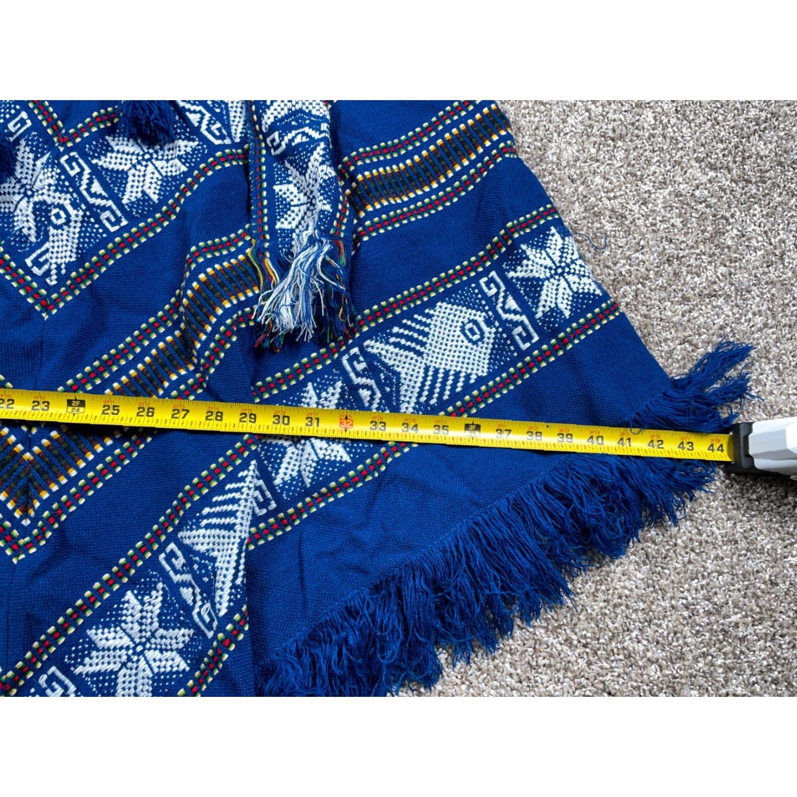 Vintage VINTAGE Handmade Poncho Women's One Size Blue Fringe Southwestern Cotton Ecuador Framework Size ONE SIZE - 7 Thumbnail