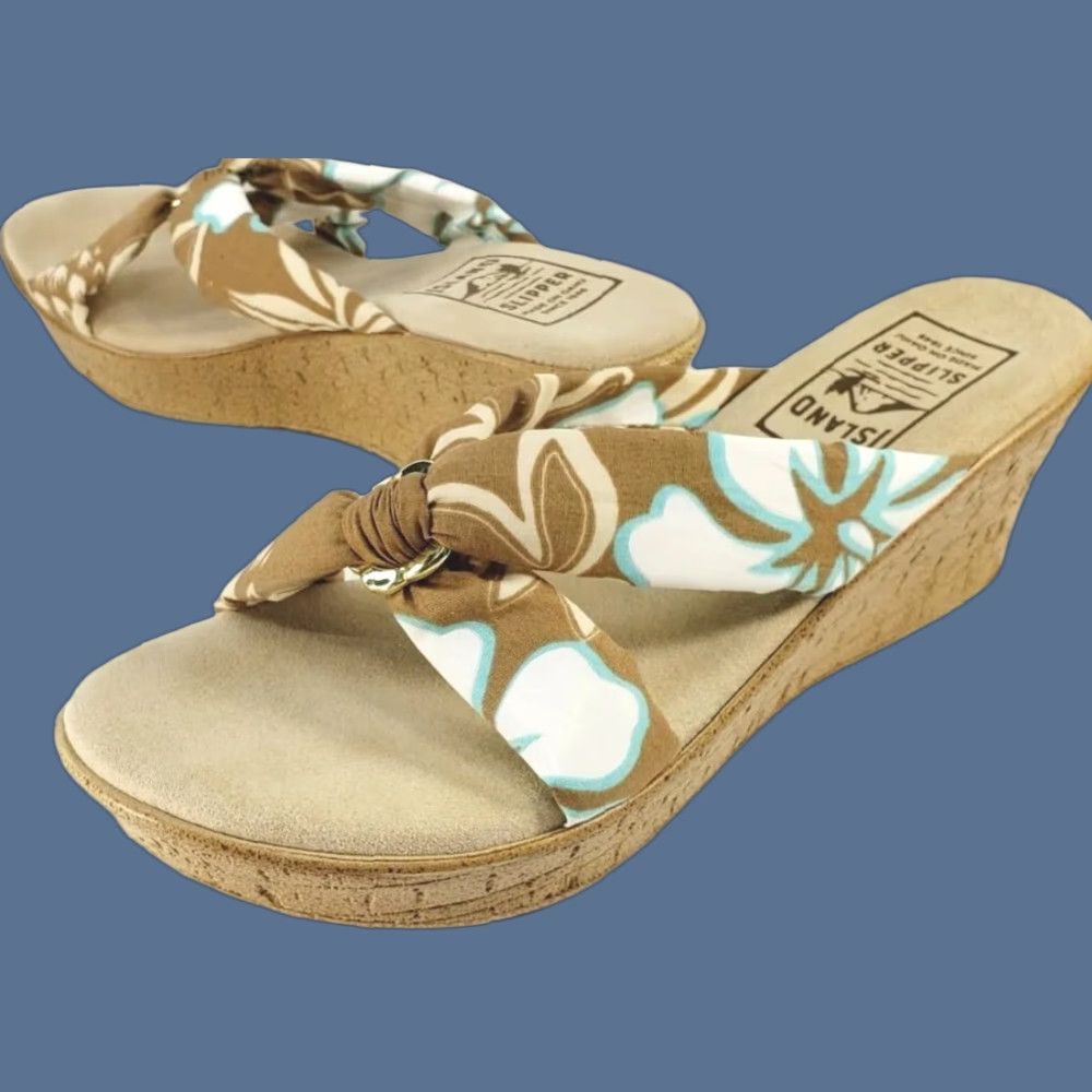 Vintage Island Slipper Sandal Women's 10M Brown Blue White Tropical Floral Patterned Fabric Straps Slide Wedge Sandal Size US 10 / IT 40 - 1 Thumbnail