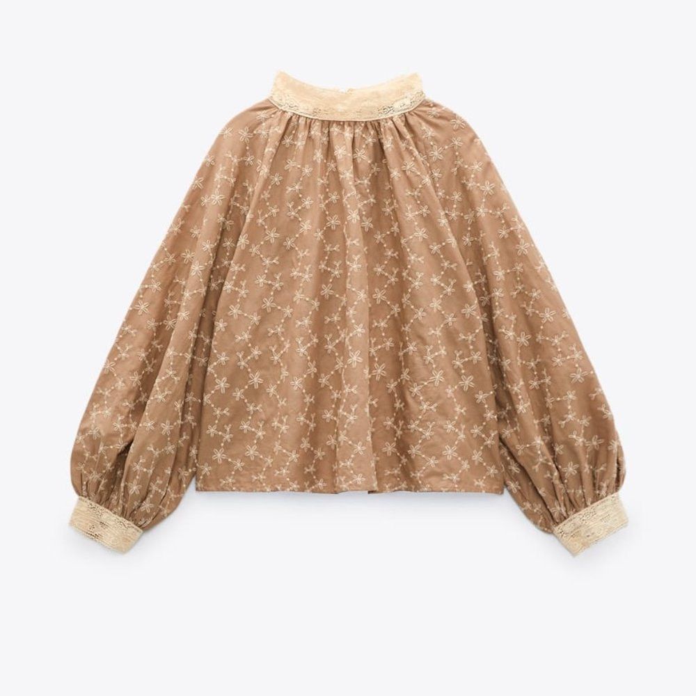 Zara NWT New Zara Beige EMBROIDERED ROMANTIC BLOUSE Size XS Size XS / US 0-2 / IT 36-38 - 2 Thumbnail