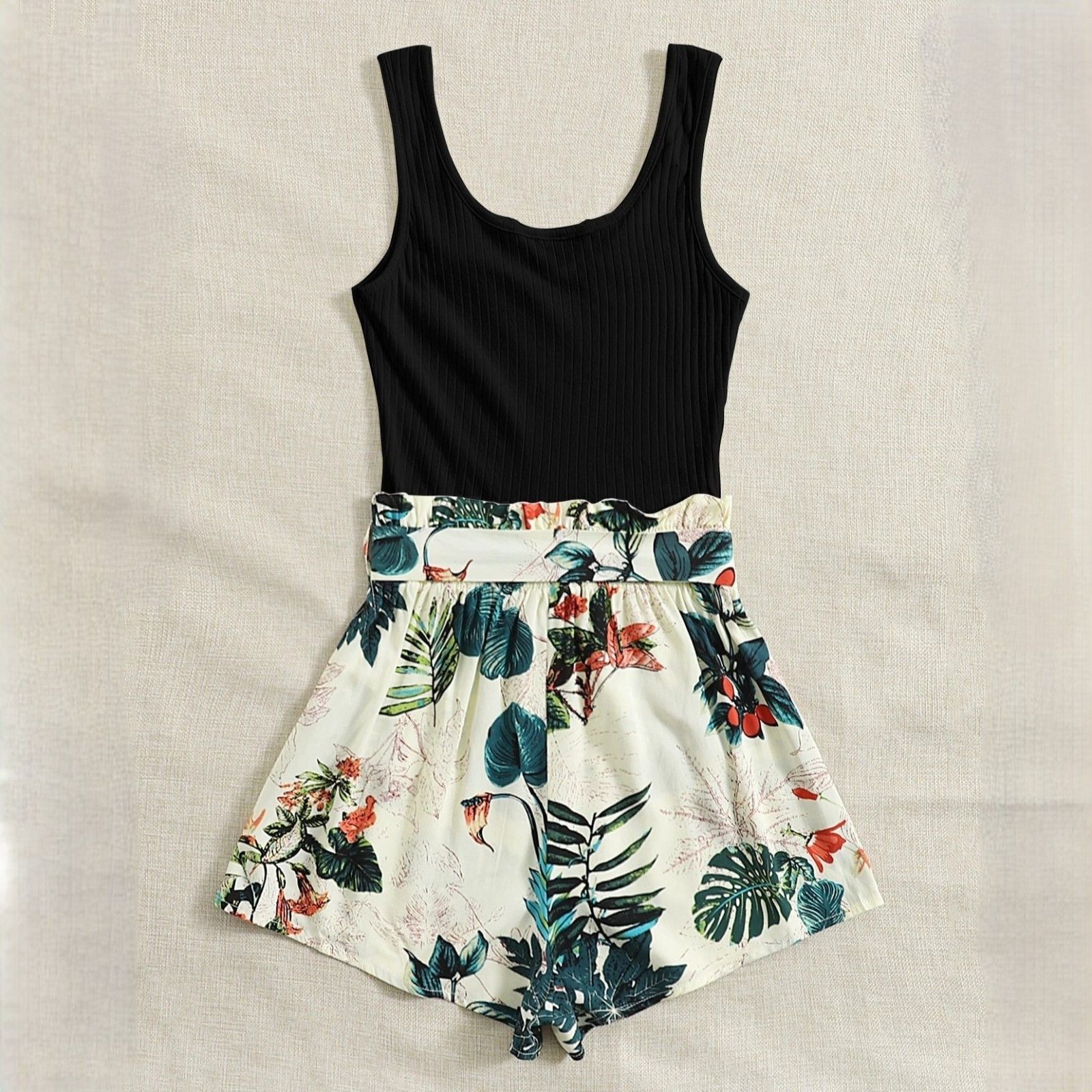 Shein Vcay Tropical Print Paper Bag Waist Belted Tank Romper XS Size 26" / US 2 / IT 38 - 4 Thumbnail