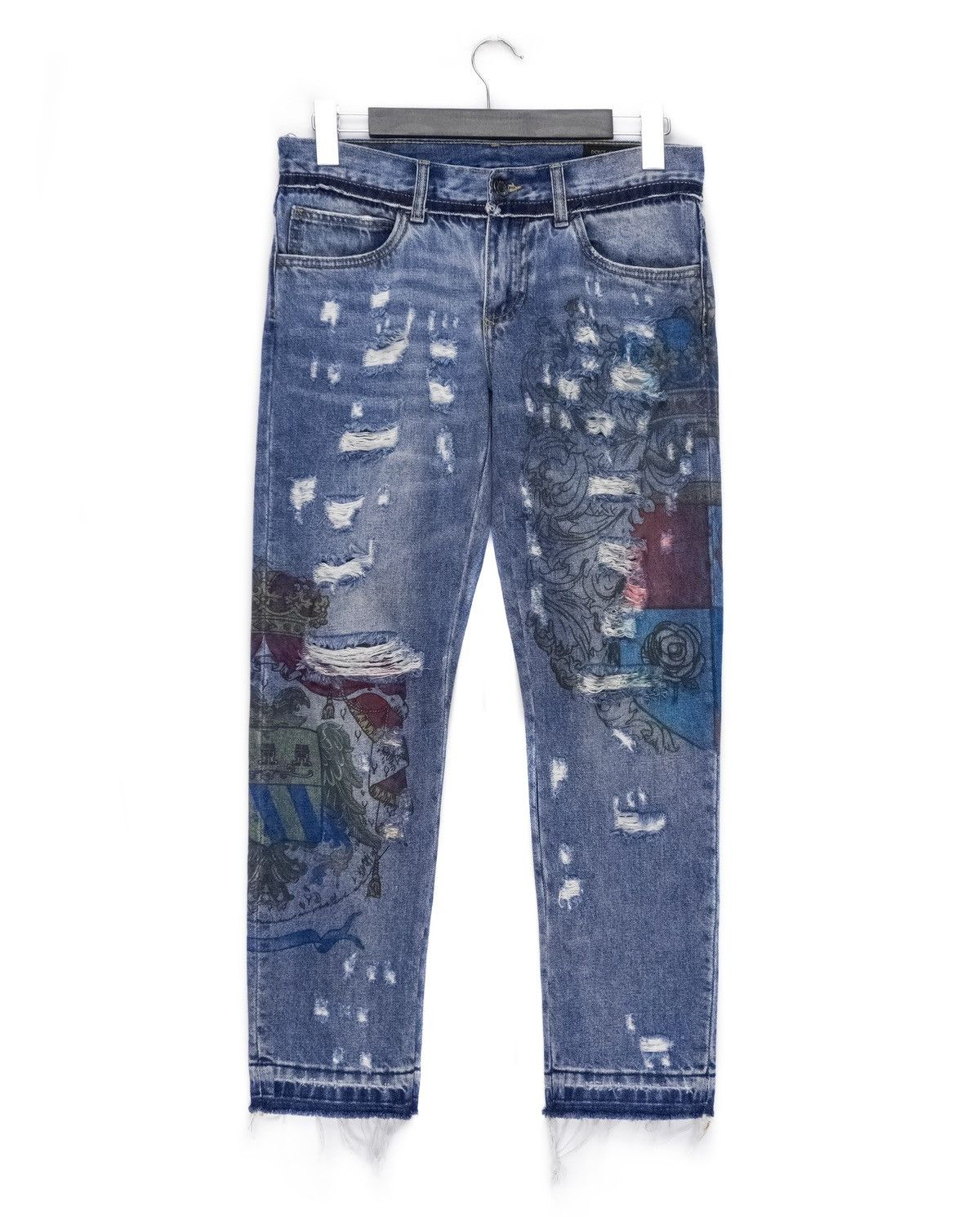 image of Dolce Gabbana Crest Print Distressed Washed Logo Pant Jeans in Blue, Men's (Size 30)