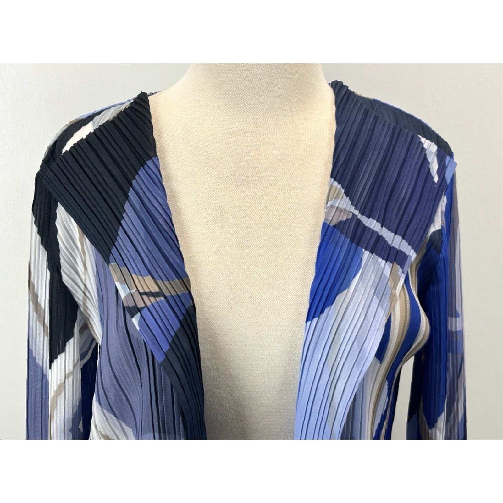 Vintage Ming Wang Pleated Crinkle Cardigan Jacket Sz Medium Petite Blue Abstract Open Size M / US 6-8 / IT 42-44 - 5 Thumbnail