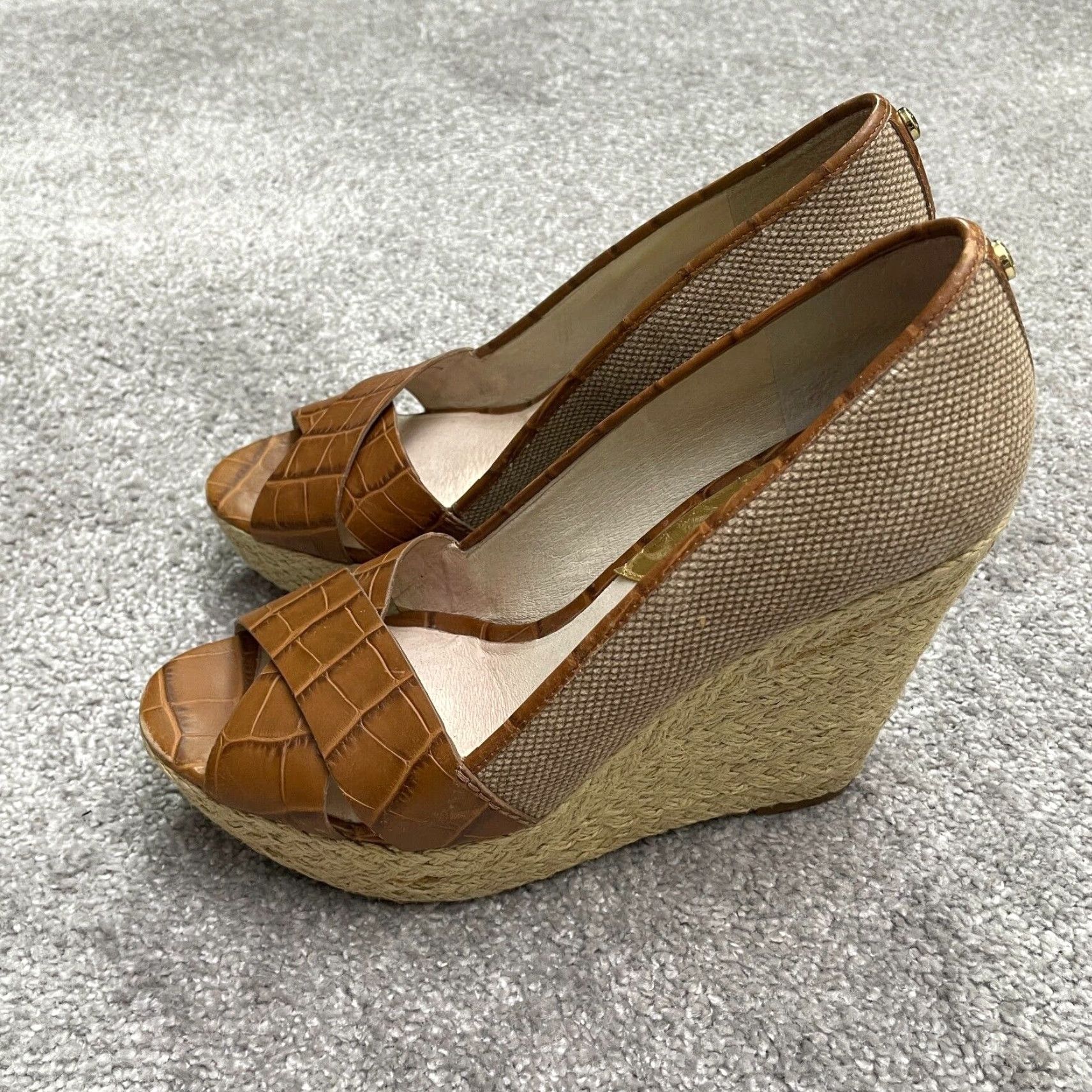 Michael Kors Micheal Michael Kors Wedge Sandals Womens 9M Brown Slip On Espadrille Peep Toe Leather Upper Cork Insole Logo Breathable Comfort Size US 9 / IT 39 - 3 Thumbnail