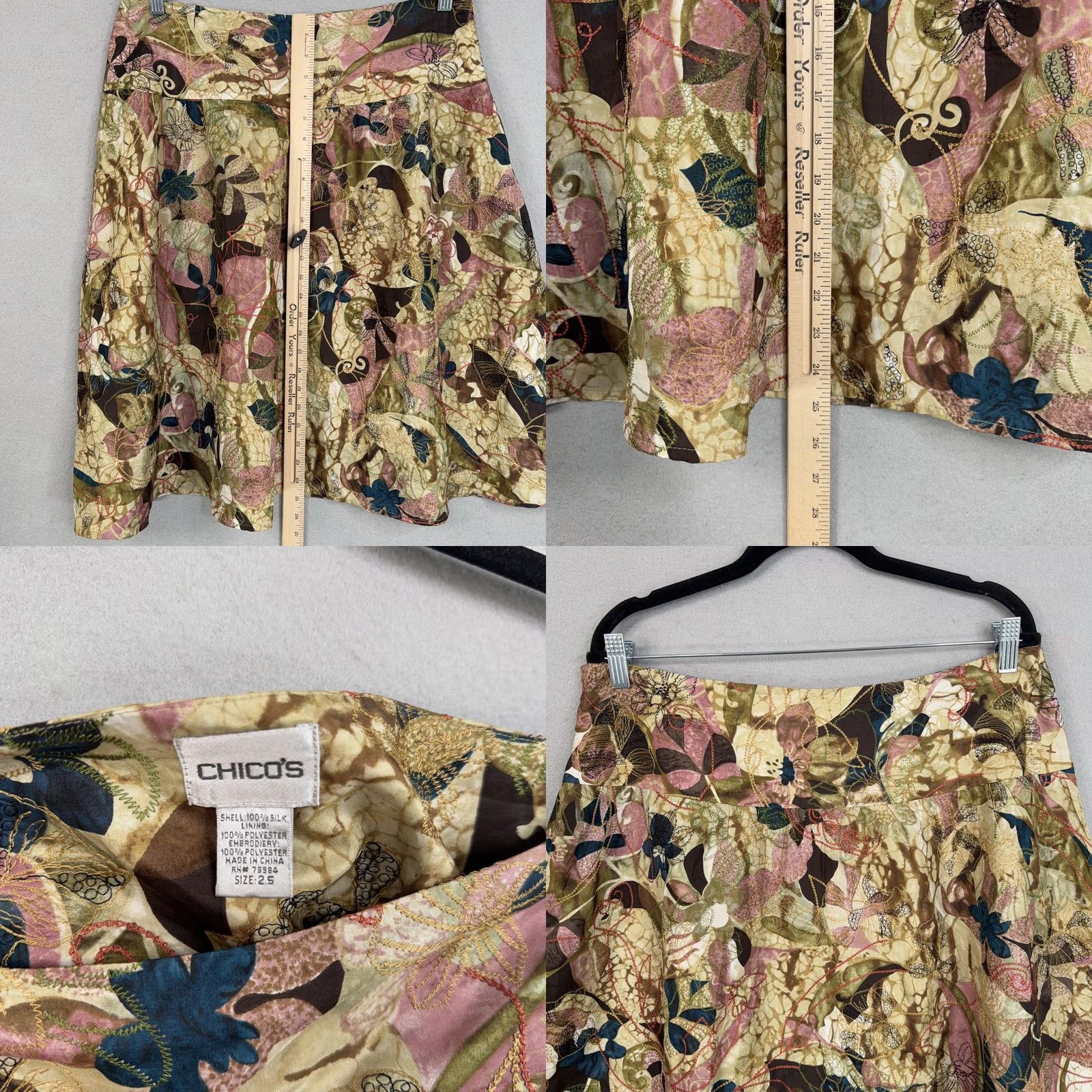 Vintage Chicos Skirt Womens 2.5 L Beige Silk Embroidered Floral Boho Luxury Flowy Size 36" / US 14 / IT 50 - 8 Thumbnail
