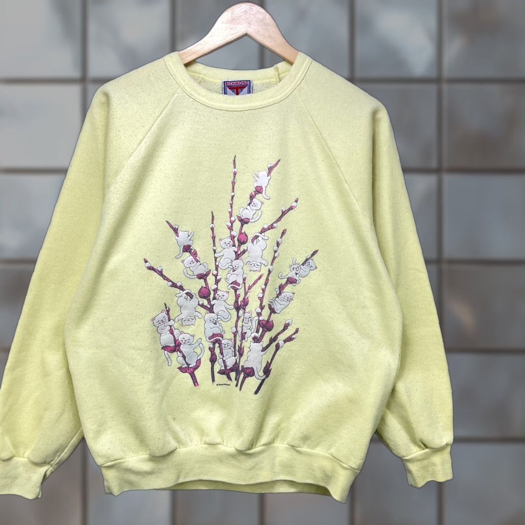 Vintage VINTAGE Cat Art Sweatshirt L Men Yellow 90s Cute Animal Nature Pullover Long Sleeve Large Size US L / EU 52-54 / 3 - 1 Thumbnail