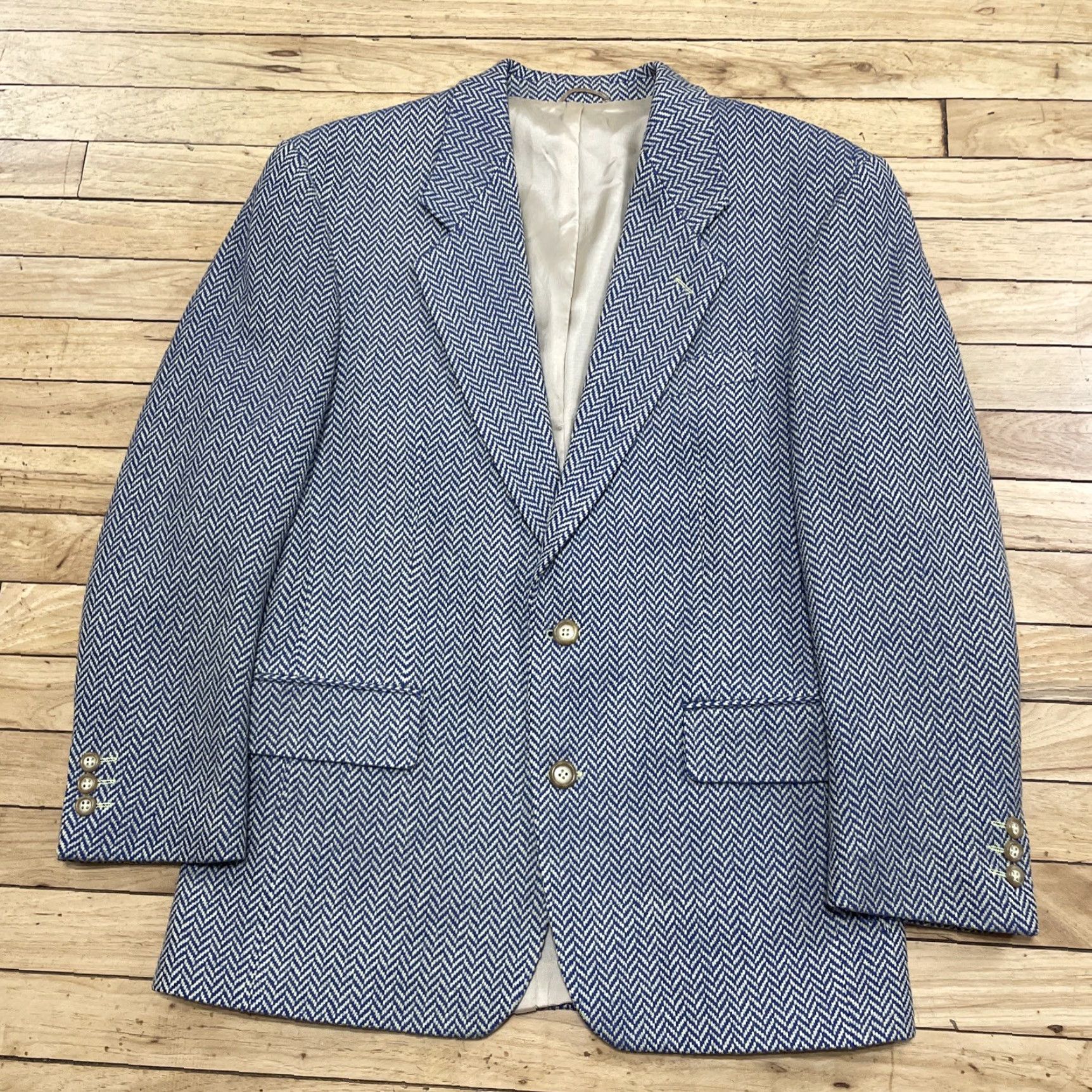 Vintage VINTAGE Only by Eckerle Wool Blazer Men 42R Tweed Herringbone Blue Yellow 90s Notch Lapel Single-Breasted 2-Button Casual Business Size 42R - 2 Thumbnail
