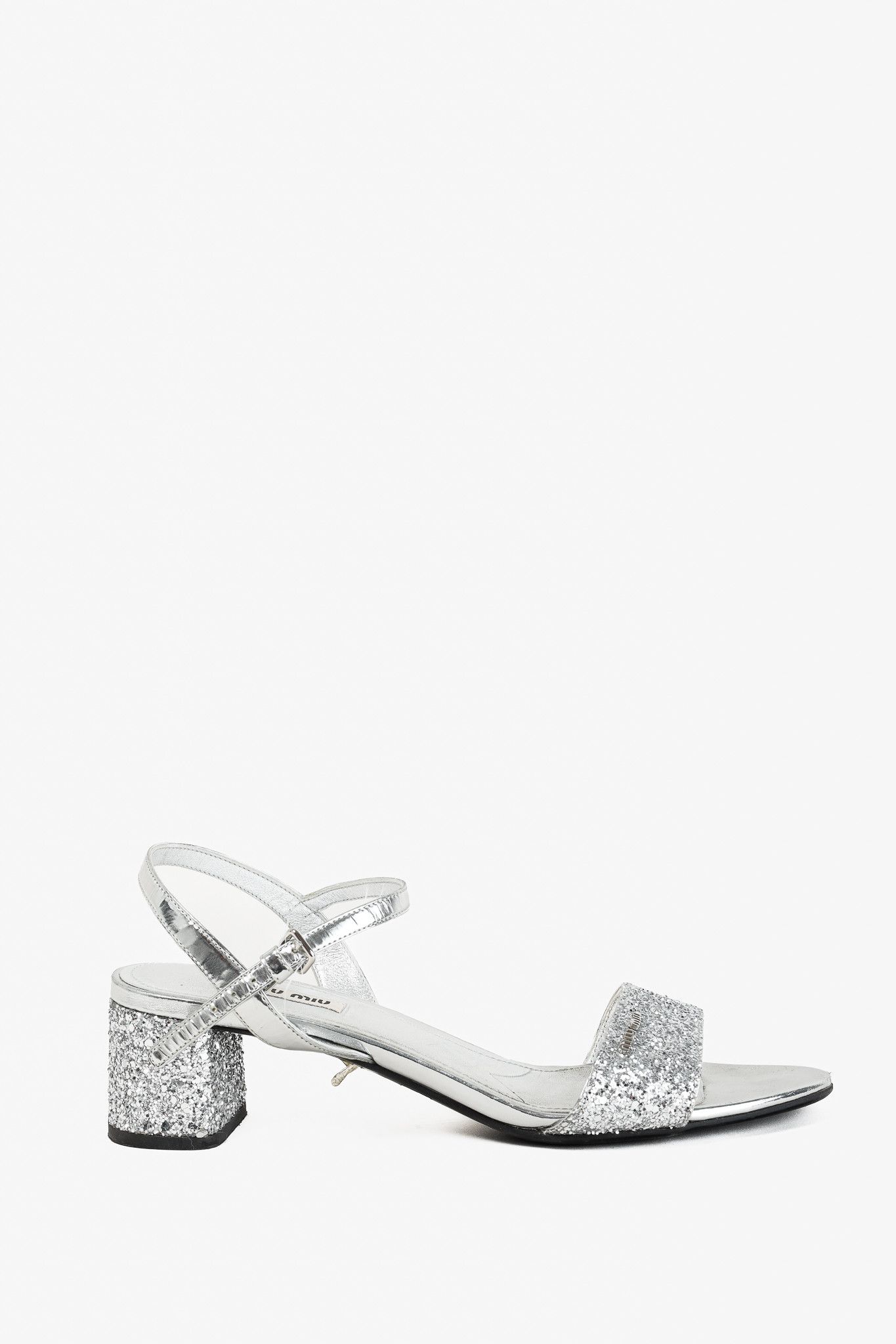 Miu Miu Miu Miu Silver Glitter & Leather Low-Heel Sandals Size US 7.5 / IT 37.5 - 1 Thumbnail