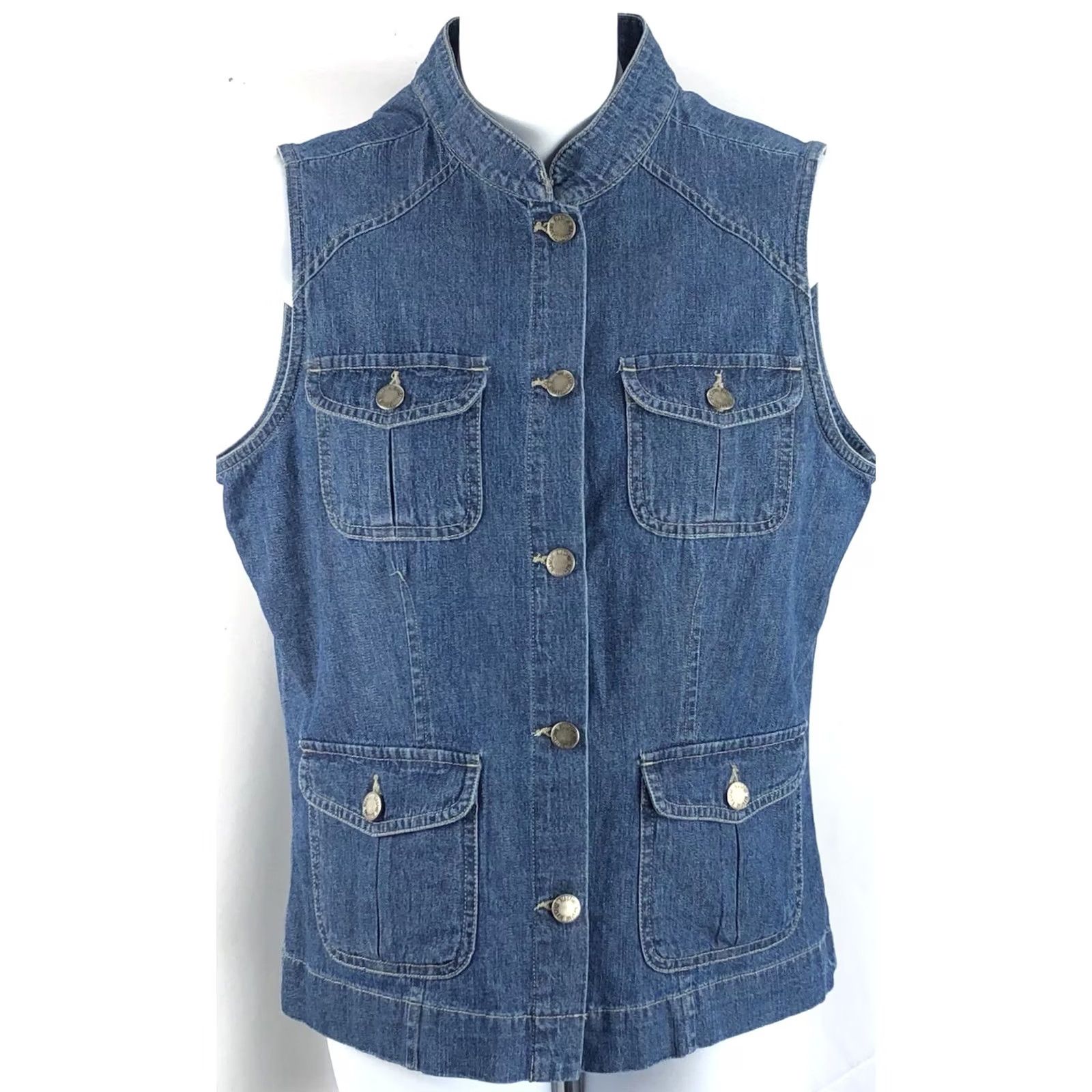 Denime Vintage Sleeveless Jean Vest Top S Button Denim Band Collar Pocket Retro 90s Y2K Size S / US 4 / IT 40 - 6 Thumbnail