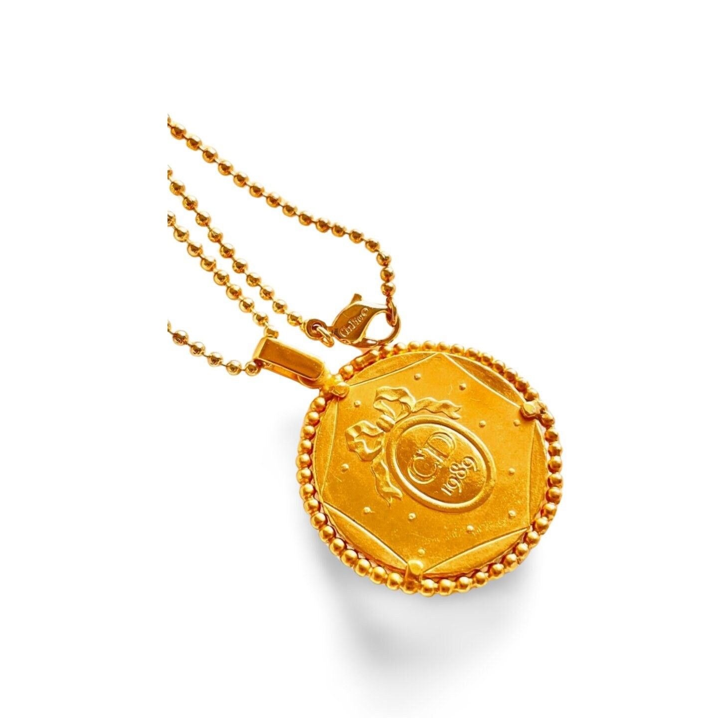 image of Vintage Christian Dior Ball Chain Necklace With Coin Top in Gold, Women's