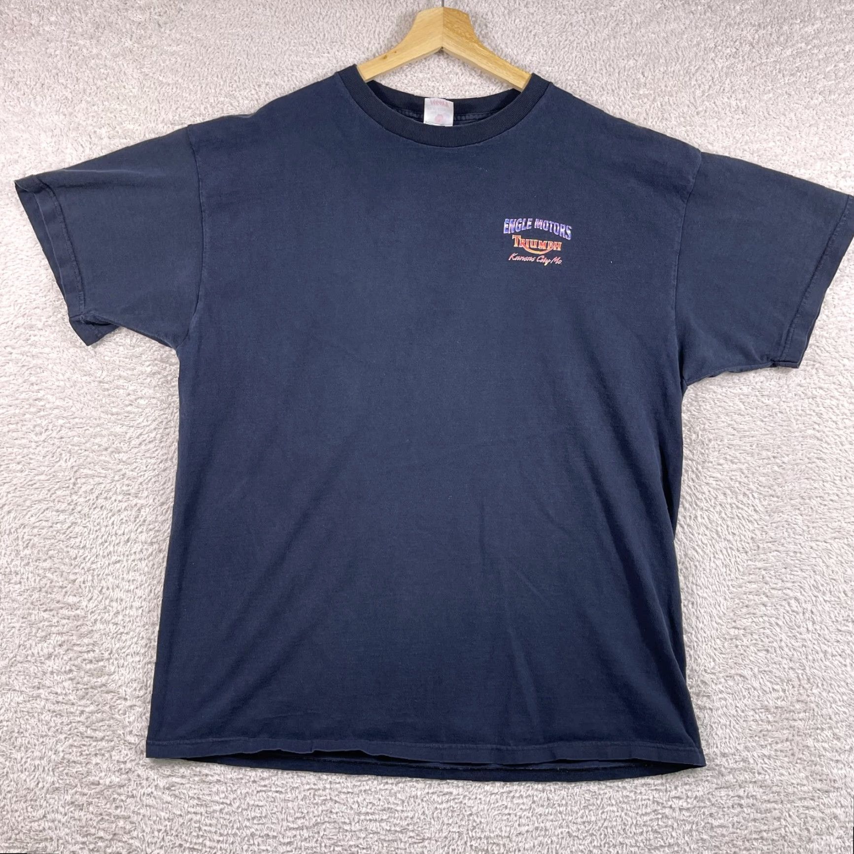 Vintage VINTAGE Triumph Motorcycles Shirt Adult 2XL Navy 90s Engle Kansas City Biker Men T-Shirt Graphic Print Short Sleeve Crew Neck Cotton Blue 90s Pattern Size US XXL / EU 58 / 5 - 3 Thumbnail