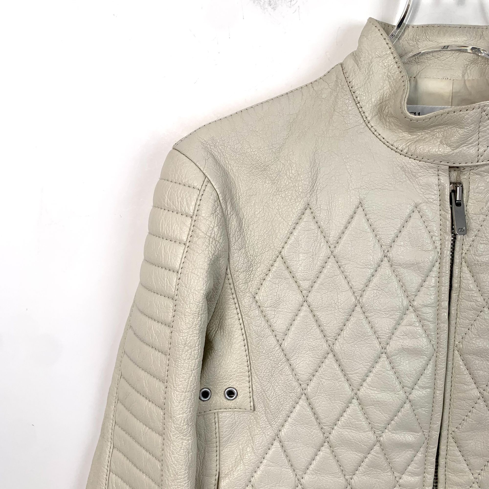 Dior Christian Dior Womens Quilted Leather Jacket Off-White Biker Size XS / US 0-2 / IT 36-38 - 3 Thumbnail
