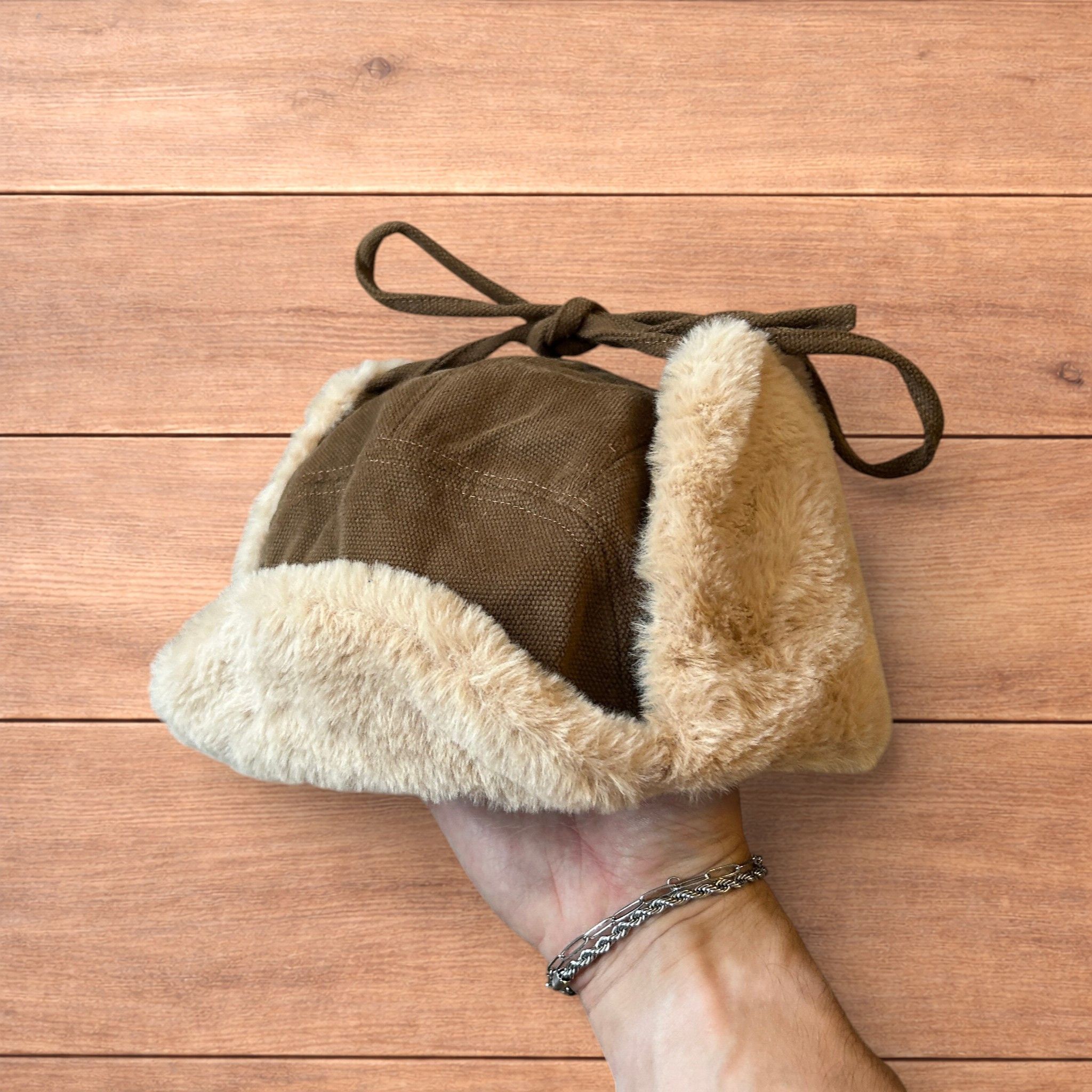 Japanese Brand Russian trapper ear flap hat in brown/beige colour way. Size ONE SIZE - 4 Thumbnail