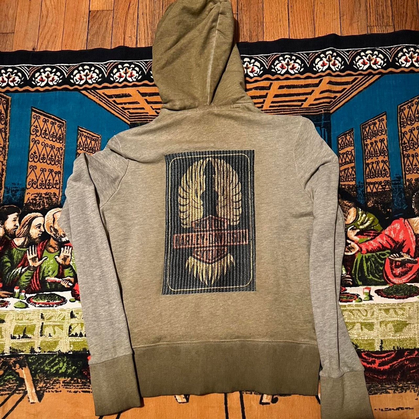 Harley Davidson × Vintage Womens harley davidson olive green zip up hoodie y2k cropped Size M / US 6-8 / IT 42-44 - 2 Thumbnail