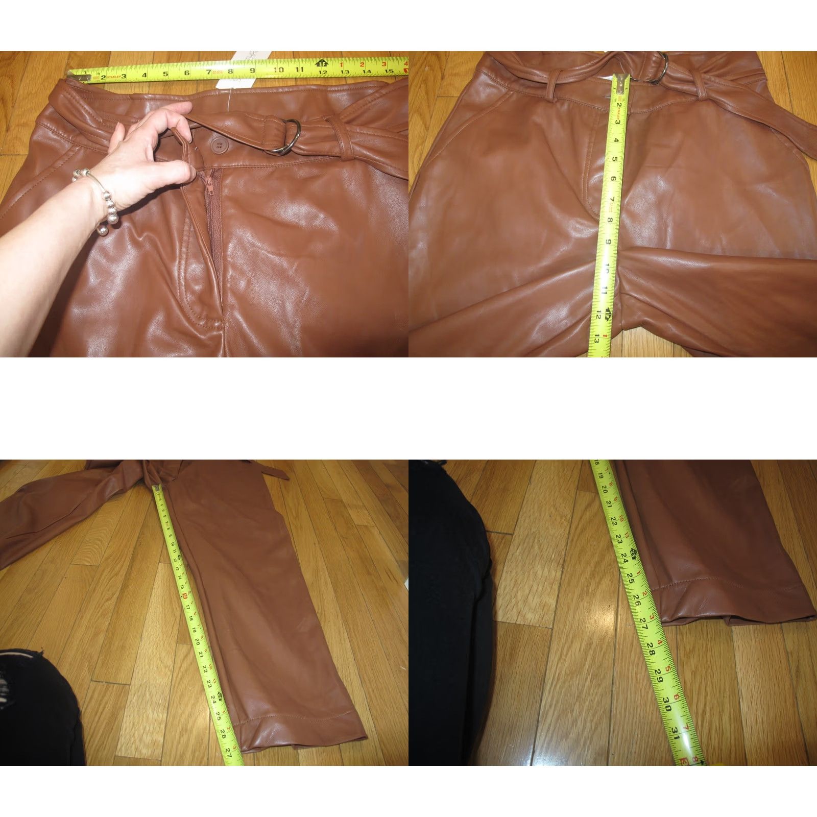 Vintage Single Thread Faux Leather Pants Women's L Brown 100% Polyurethane Belted Waist Ankle Straight Regular Fall Winter Spring Casual Womens Size 36" / US 14 / IT 50 - 8 Thumbnail