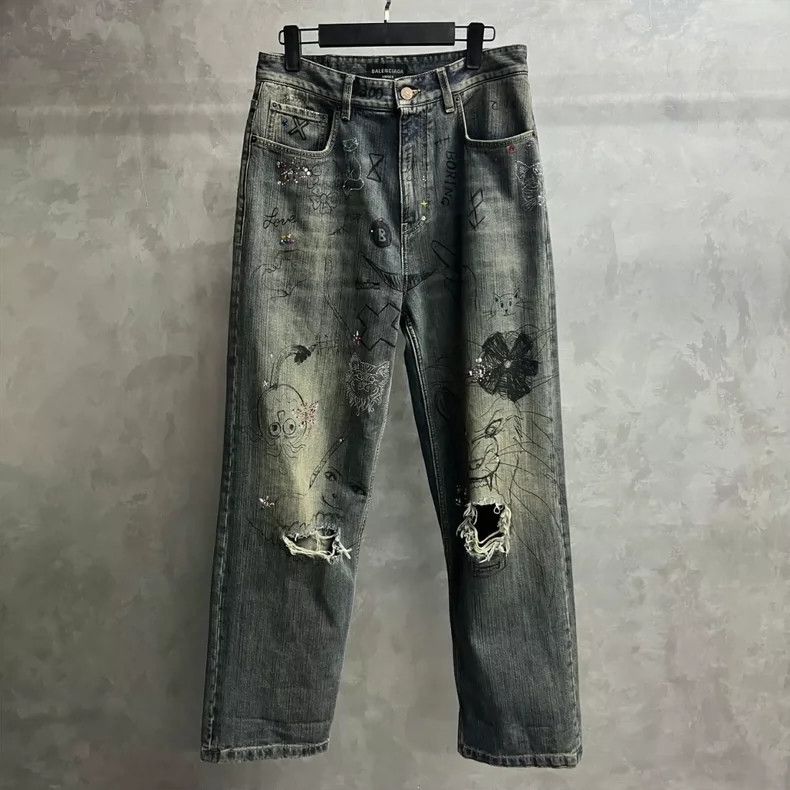 Balenciaga Balenciaga Blue Graffiti Print Straight-Leg Casual Jeans Size US 39 - 1 Thumbnail