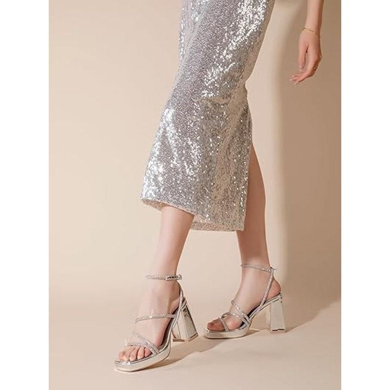 Other Shoe'N Tale Women's 8 Silver Mirror Platform Heel Sandals Size US 8 / IT 38 - 5 Thumbnail
