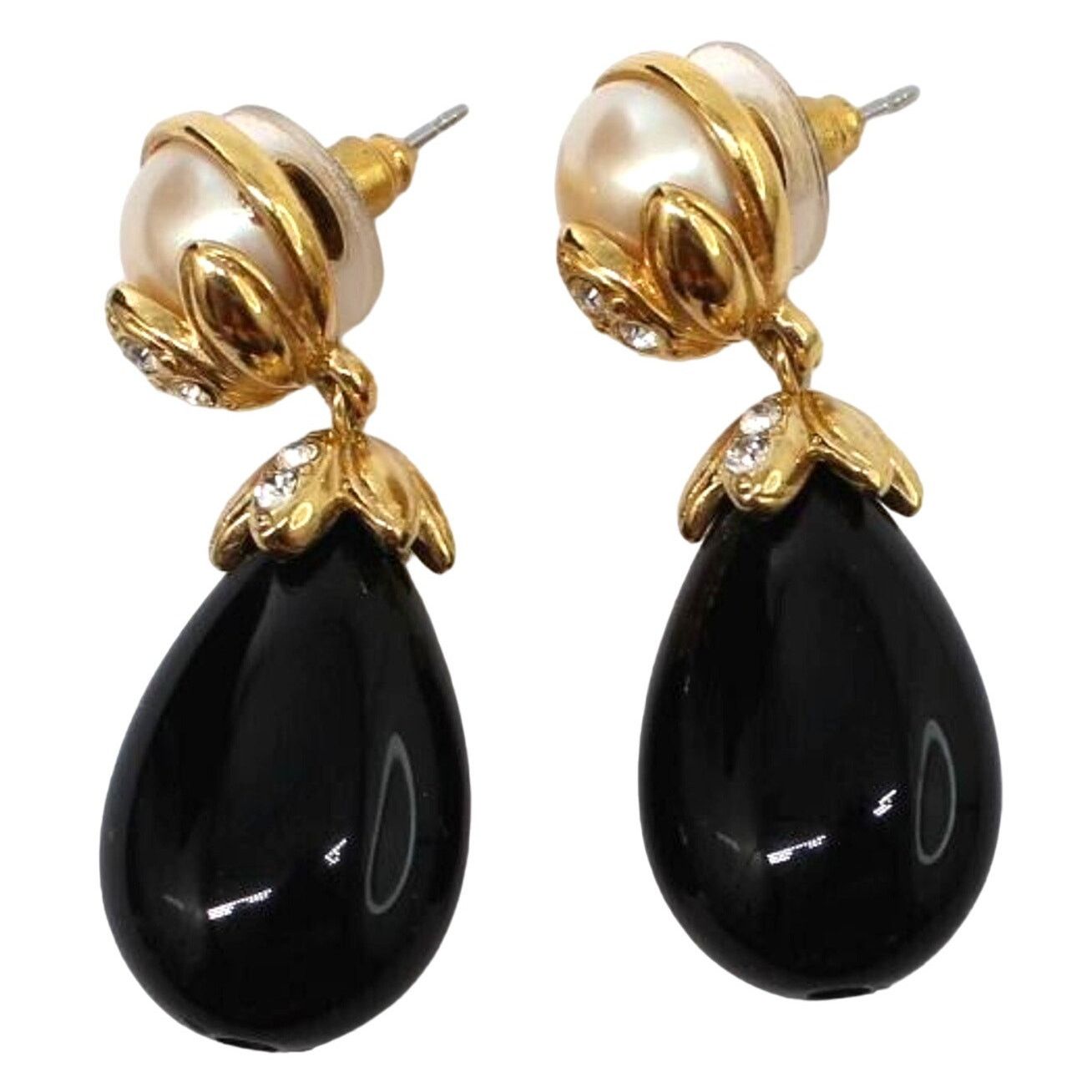 Other Vintage Faux Onyx & Faux Pearl Pierced Earrings •1.5" Drop Size ONE SIZE - 2 Thumbnail