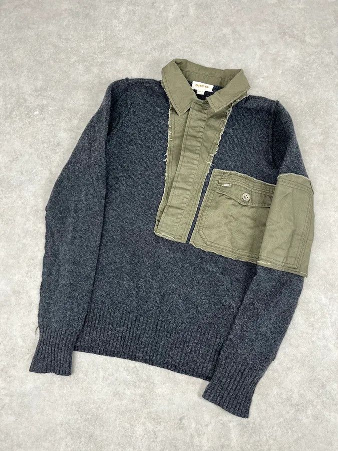 Diesel 2000s Diesel Khaki Patchwork Grey Wool Polo Sweater Size US M / EU 48-50 / 2 - 4 Thumbnail