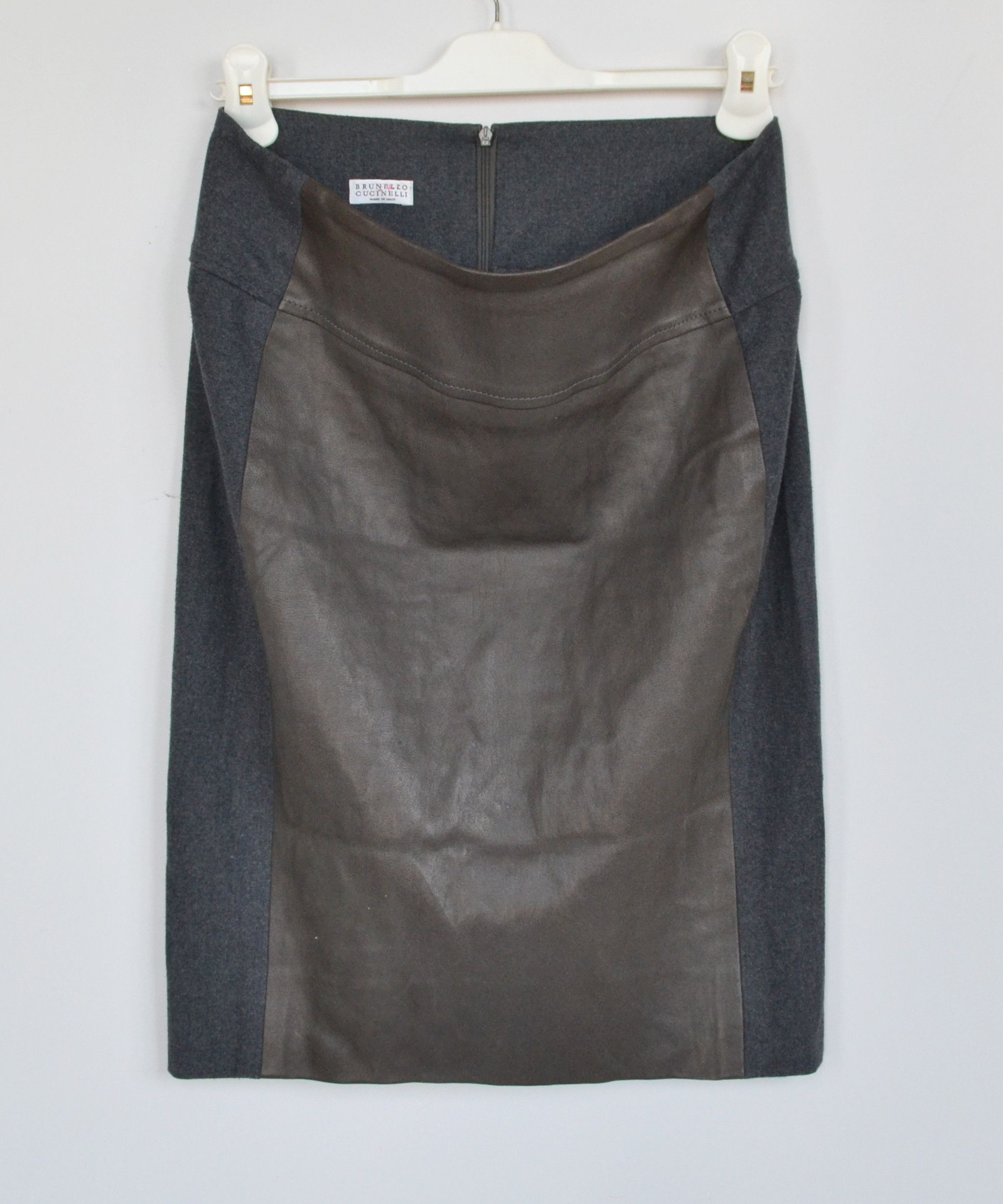 Brunello Cucinelli BRUNELLO CUCINELLI Skirt Wool Leather Midi Brown Grey Size 28" / US 6 / IT 42 - 3 Thumbnail