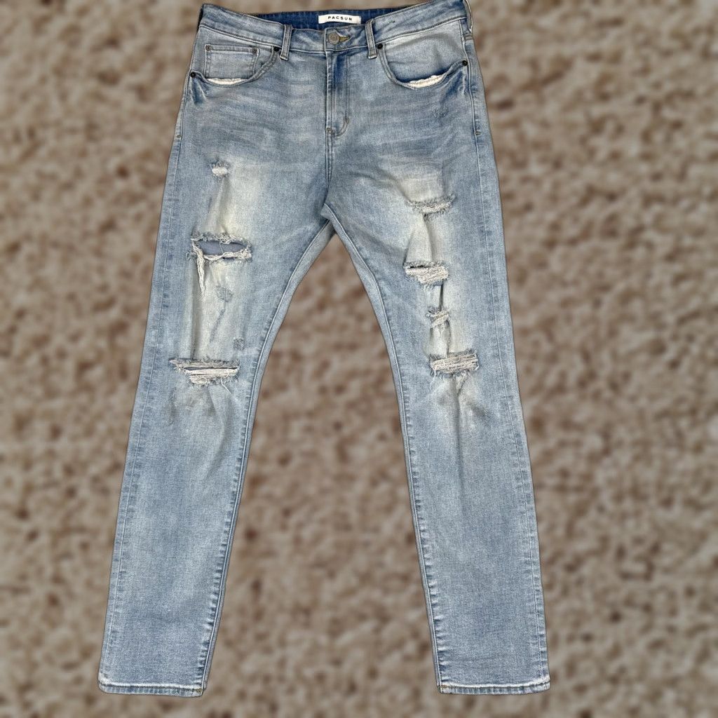 Pacsun PacSun Jeans Mens 32x32 Light Wash Blue Slim Taper Distressed Ripped Denim Faded Jeans City Grunge Men Size US 32 / EU 48 - 1 Thumbnail