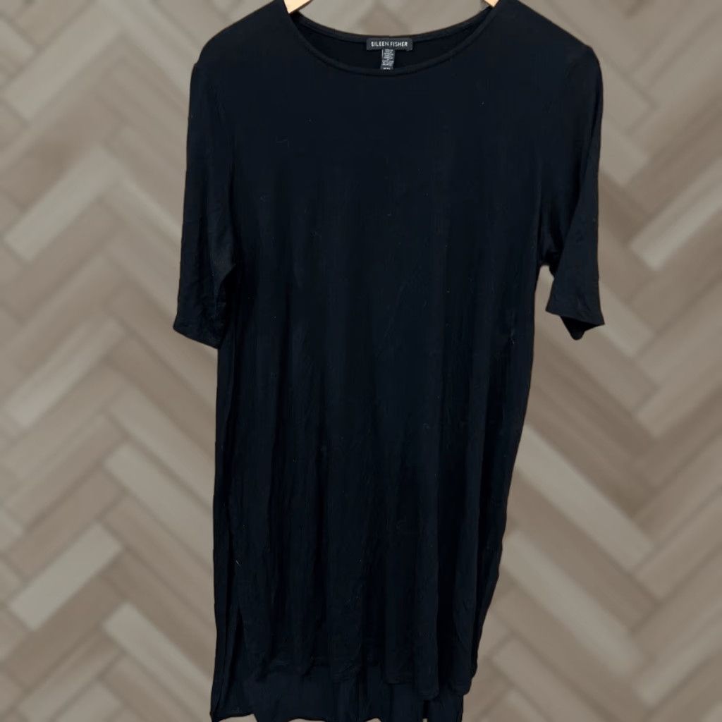 Eileen Fisher Dress Women M Black Midi Short Sleeve Cowl Neck Knit Stretch  Solid Pullover Shift