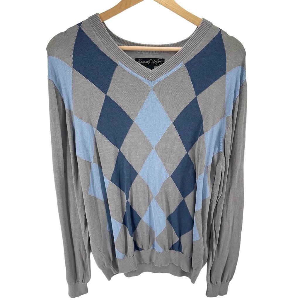 Other Kenneth Roberts Men’s Silk Blend Argyle V Neck Pullover Sweater Gray Blue Large Size US L / EU 52-54 / 3 - 3 Thumbnail
