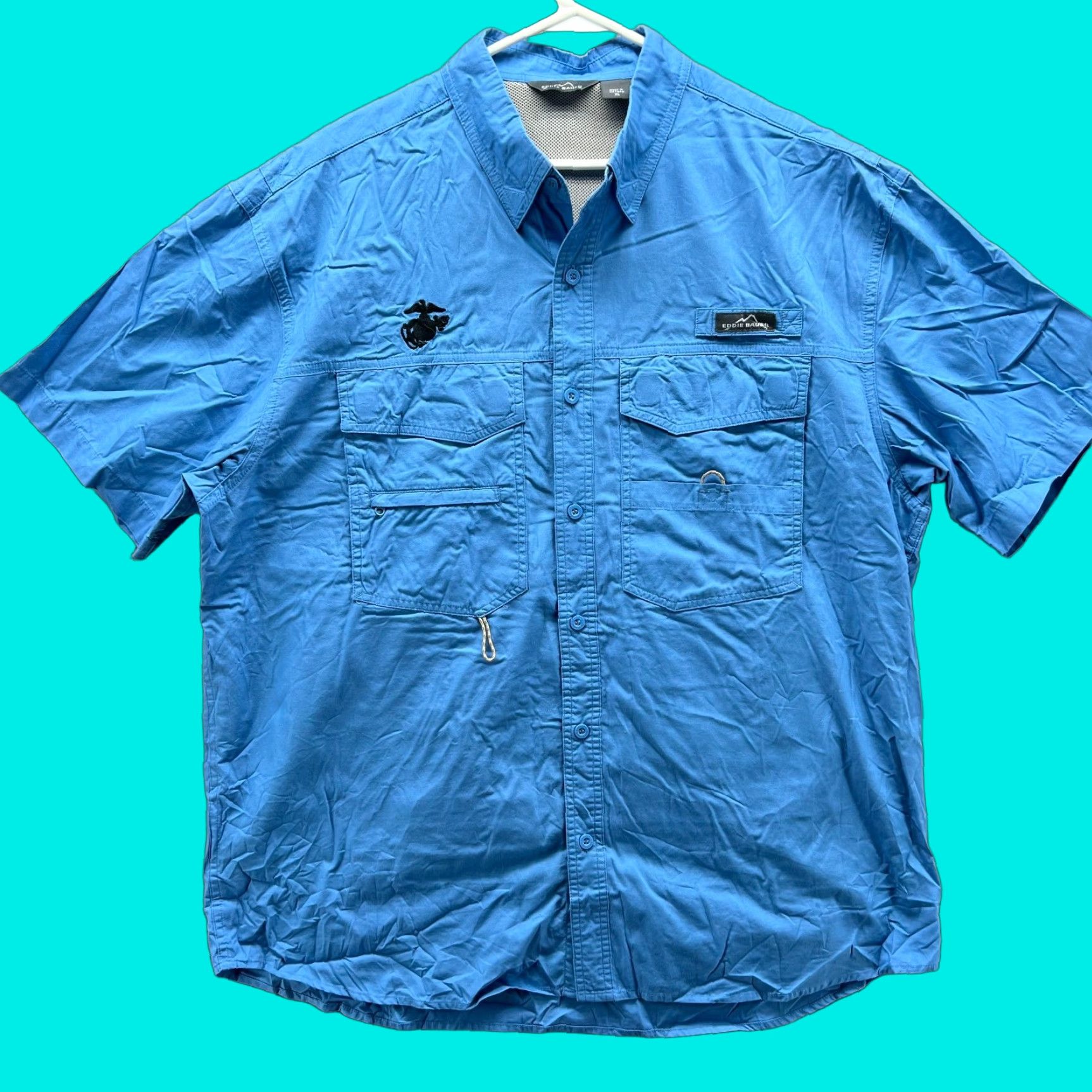 Eddie Bauer VINTAGE Eddie Bauer Shirt Mens XL Blue Button-Down Vented USMC Marines Patch Fishing Button-Up Collared Short Sleeve Regular Fit Size US XL / EU 56 / 4 - 1 Thumbnail