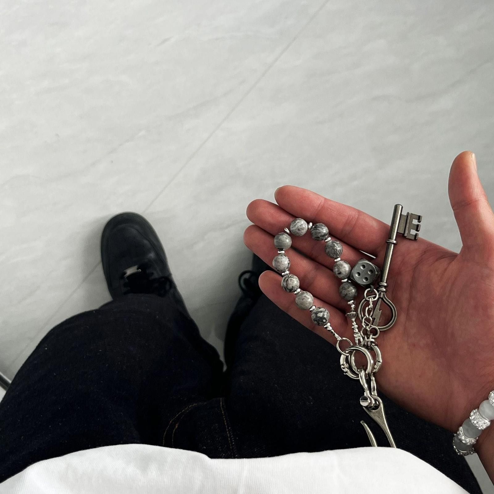 Japanese Brand Silver Keychain with Marble Beads, Men's Accessory Size ONE SIZE - 3 Thumbnail