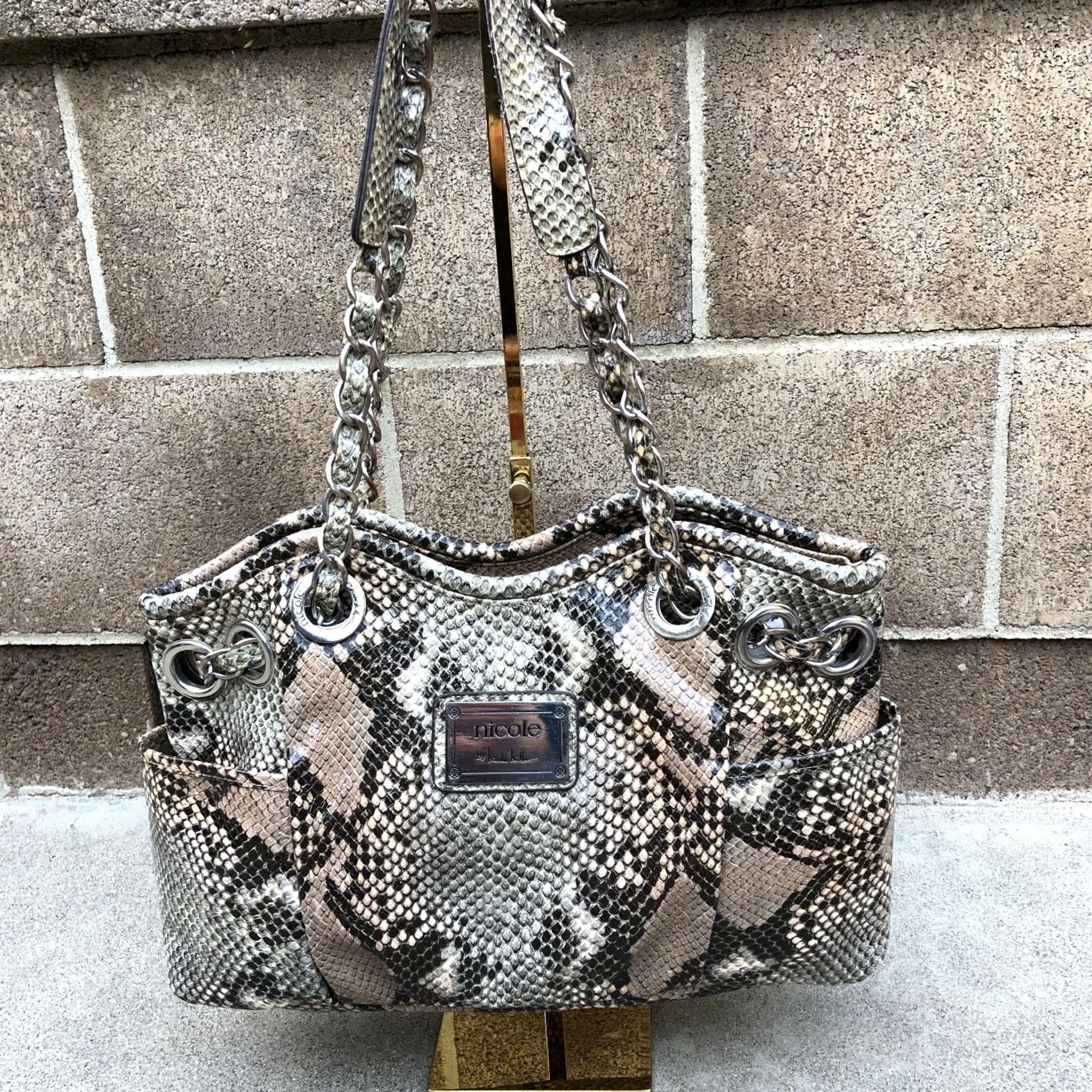 Nicole Miller NICOLE MILLER Snakeskin Hobo Purse Hand Bag Shoulder Medium Size Brown Size ONE SIZE - 2 Thumbnail